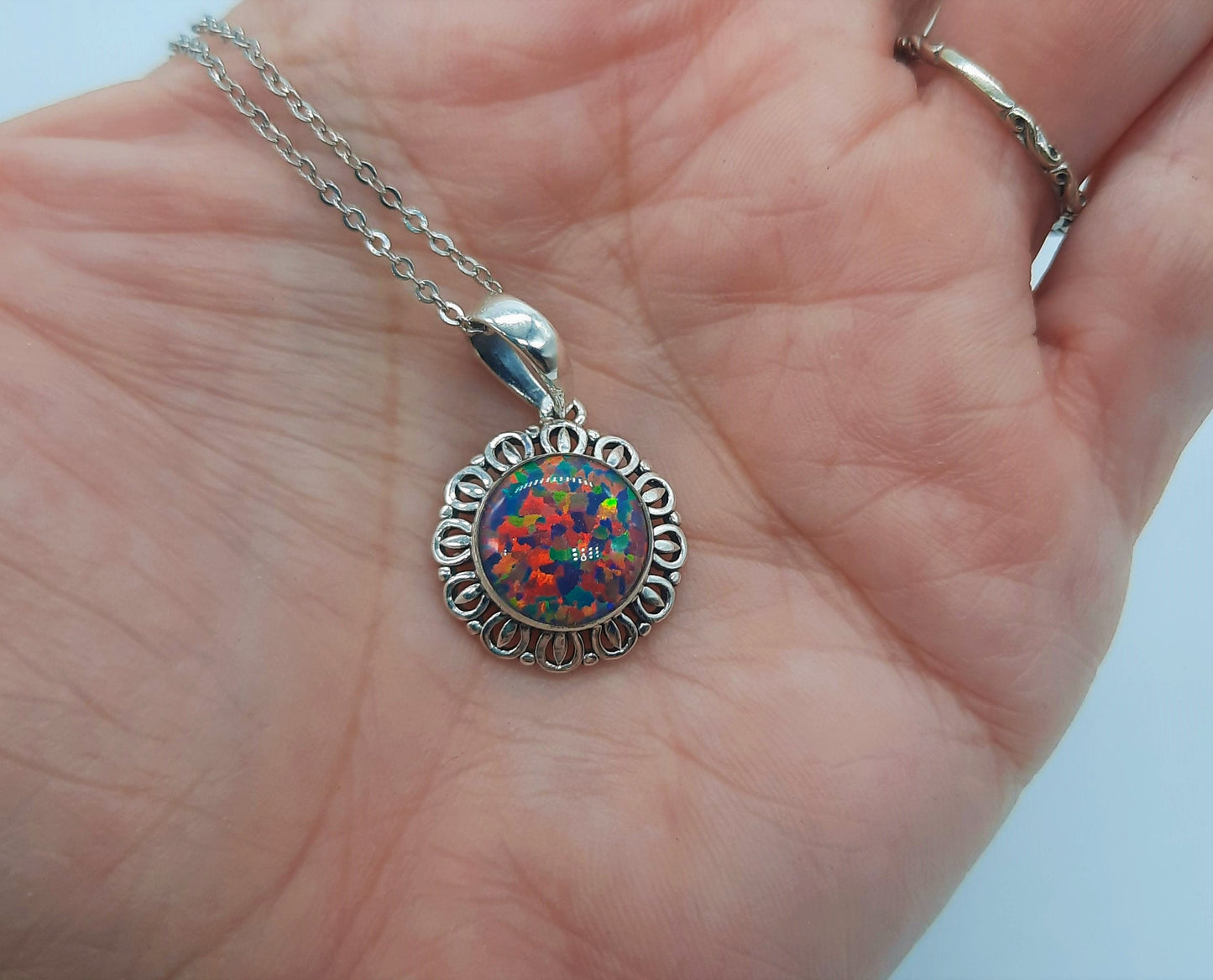 Handcrafted Iridescent Multicolored Opal Pendant Necklace - Intricate Design - Made with 925 Sterling Silver - Domed with Holographic Resin