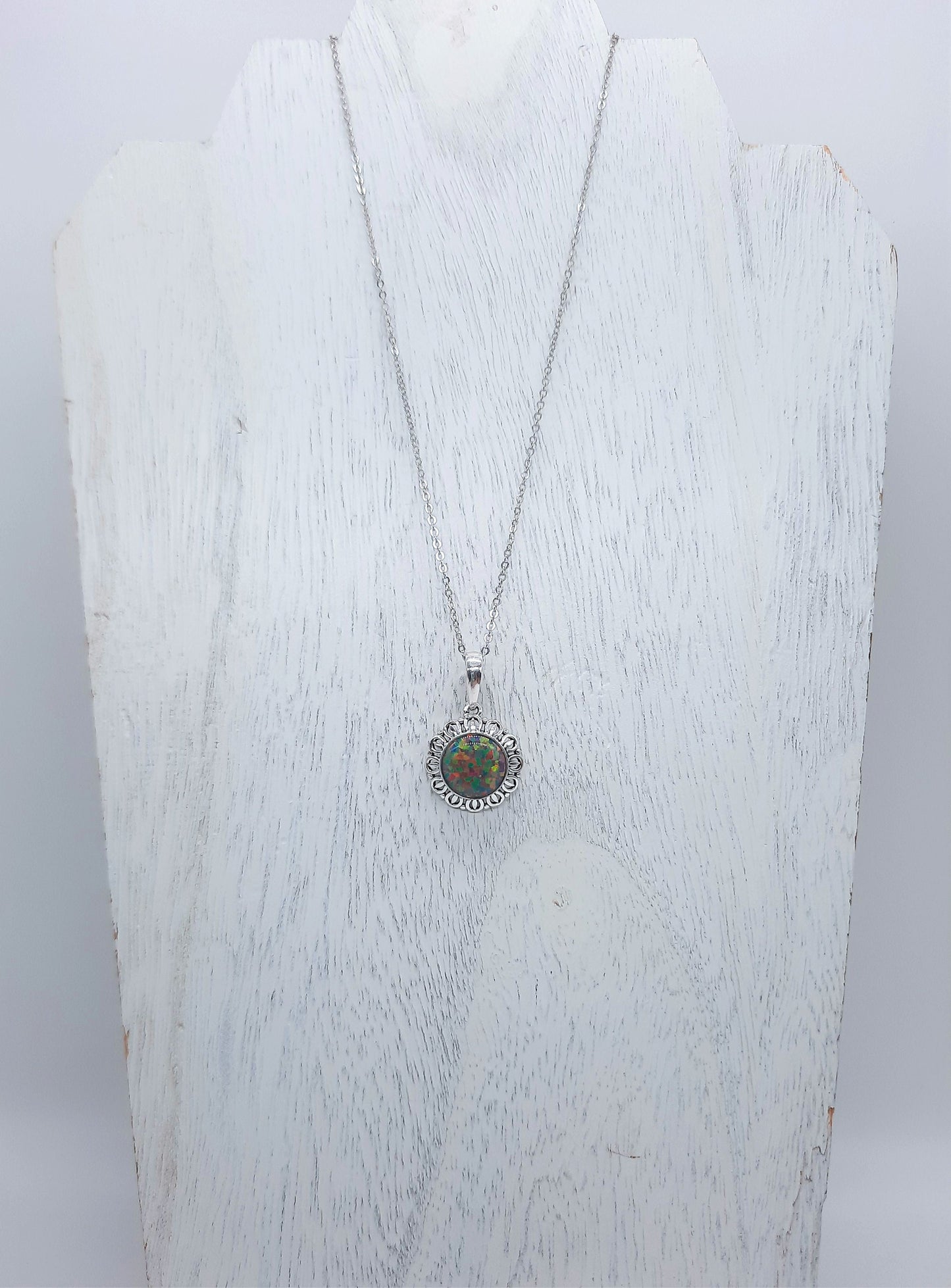 Handcrafted Iridescent Multicolored Opal Pendant Necklace - Intricate Design - Made with 925 Sterling Silver - Domed with Holographic Resin