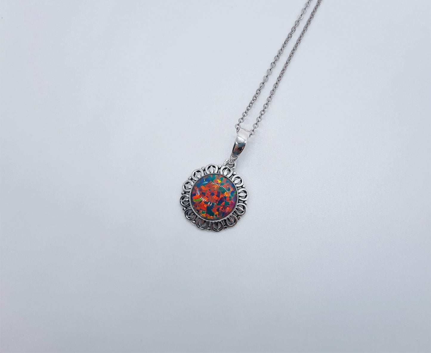 Handcrafted Iridescent Multicolored Opal Pendant Necklace - Intricate Design - Made with 925 Sterling Silver - Domed with Holographic Resin