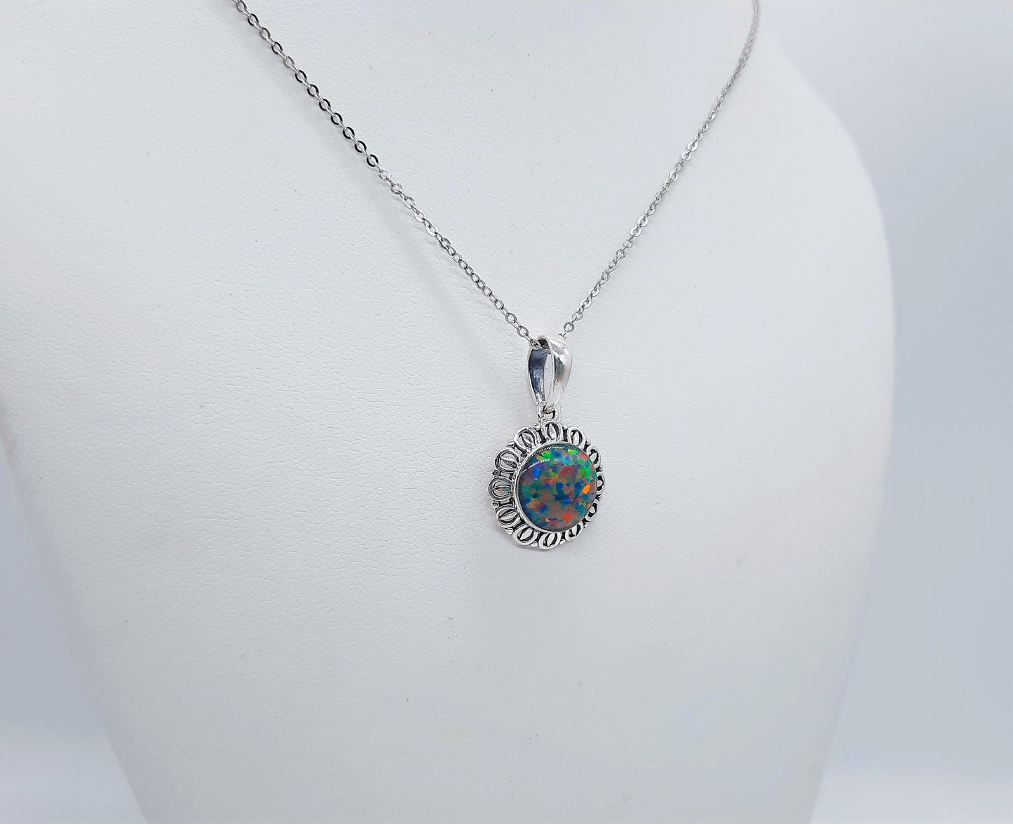 Handcrafted Iridescent Multicolored Opal Pendant Necklace - Intricate Design - Made with 925 Sterling Silver - Domed with Holographic Resin