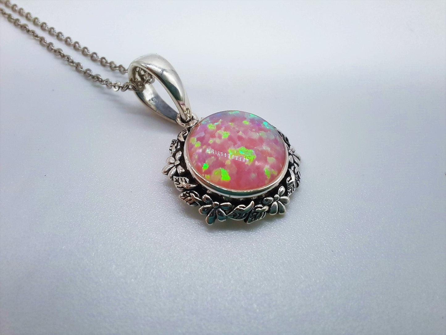 Handcrafted Iridescent Pink Opal Pendant Necklace - Flower and Leaf Design - Made with 925 Sterling Silver - Domed with Holographic Resin