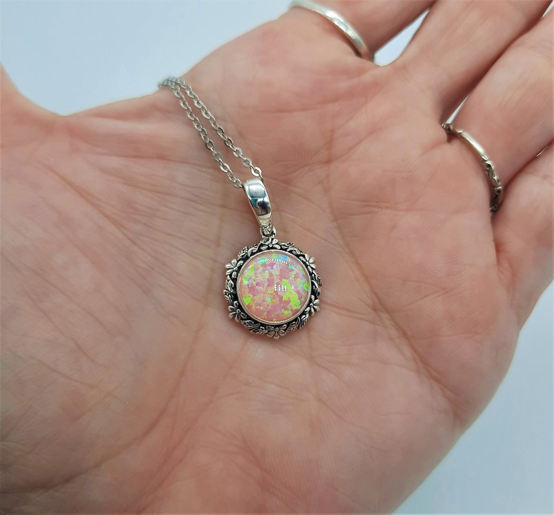 Handcrafted Iridescent Pink Opal Pendant Necklace - Flower and Leaf Design - Made with 925 Sterling Silver - Domed with Holographic Resin