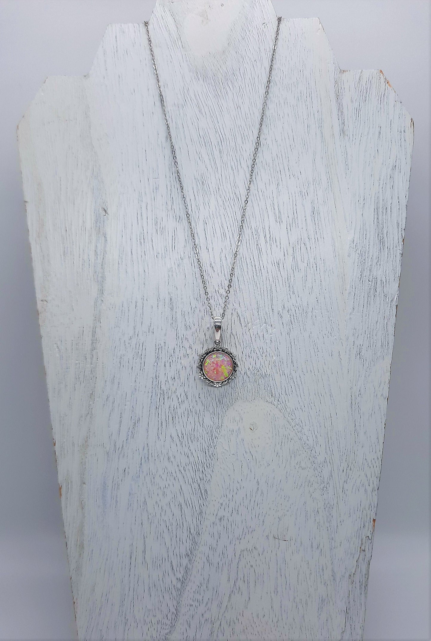 Handcrafted Iridescent Pink Opal Pendant Necklace - Flower and Leaf Design - Made with 925 Sterling Silver - Domed with Holographic Resin