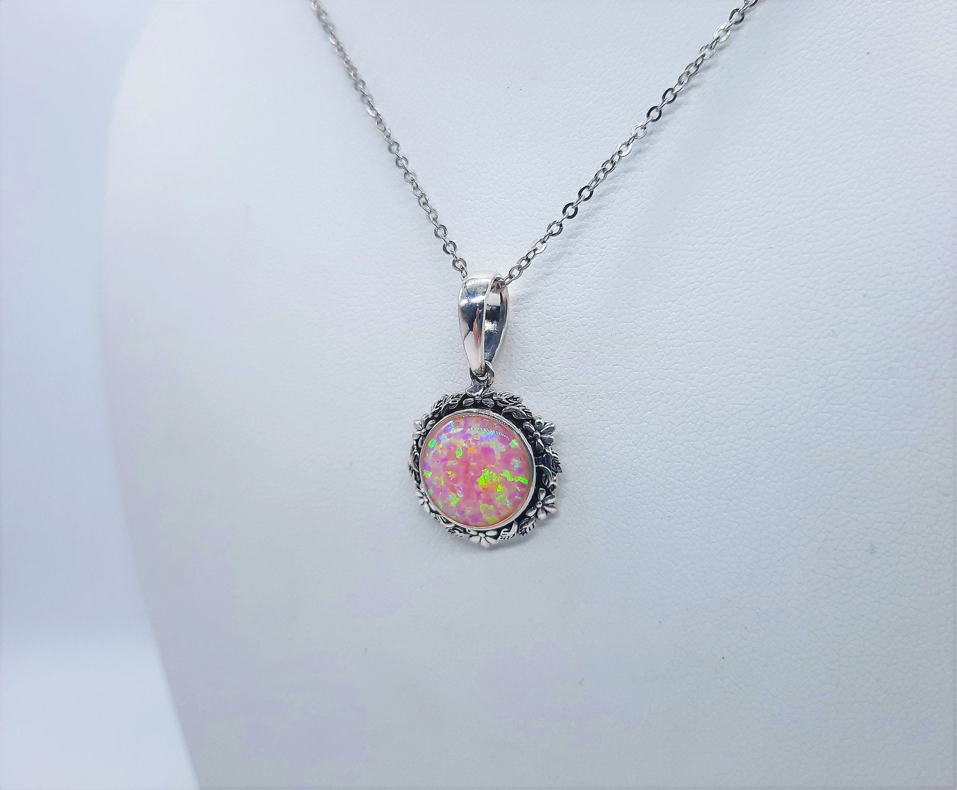 Handcrafted Iridescent Pink Opal Pendant Necklace - Flower and Leaf Design - Made with 925 Sterling Silver - Domed with Holographic Resin