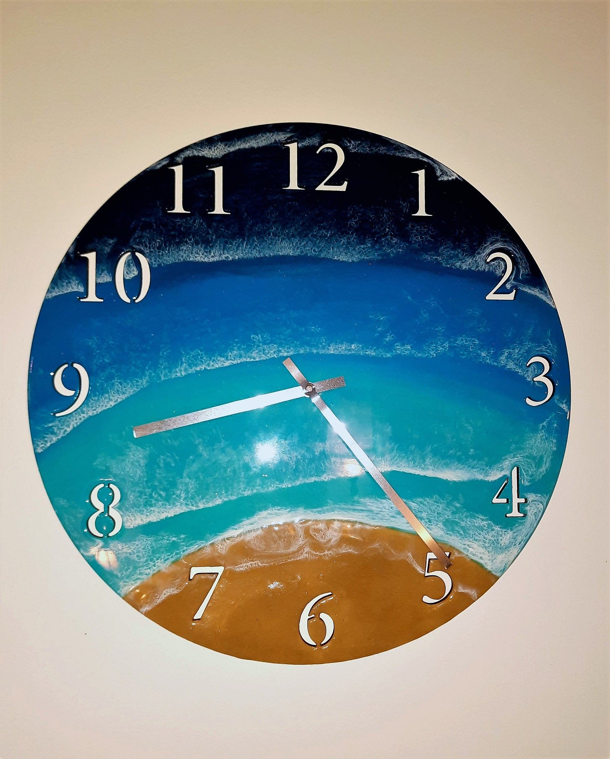 Wall Clock - Handpainted/Handpoured Eco-Friendly Epoxy Resin Seascape Coastal Ocean Beach Scene, Painted on a 20" Wood, Made with Real Sand