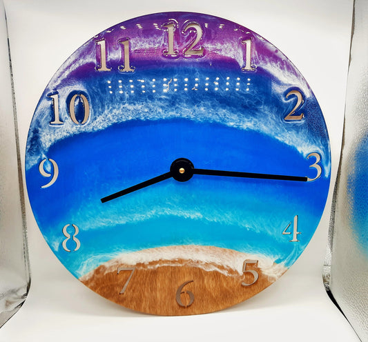 Wall Clock - Handpainted/Handpoured Eco-Friendly Epoxy Resin Seascape Coastal Ocean Beach Scene, Painted on a 14" Wood