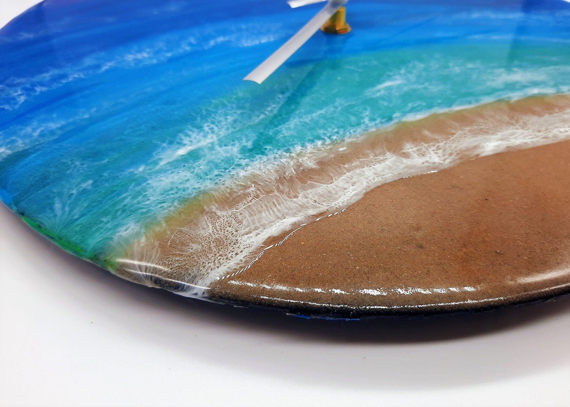 Handpainted Eco-Friendly Epoxy Resin Seascape Coastal Beach Scene, Painted on a 12" Vinyl Record, Made into a Wall Clock, Made w/ Real Sand