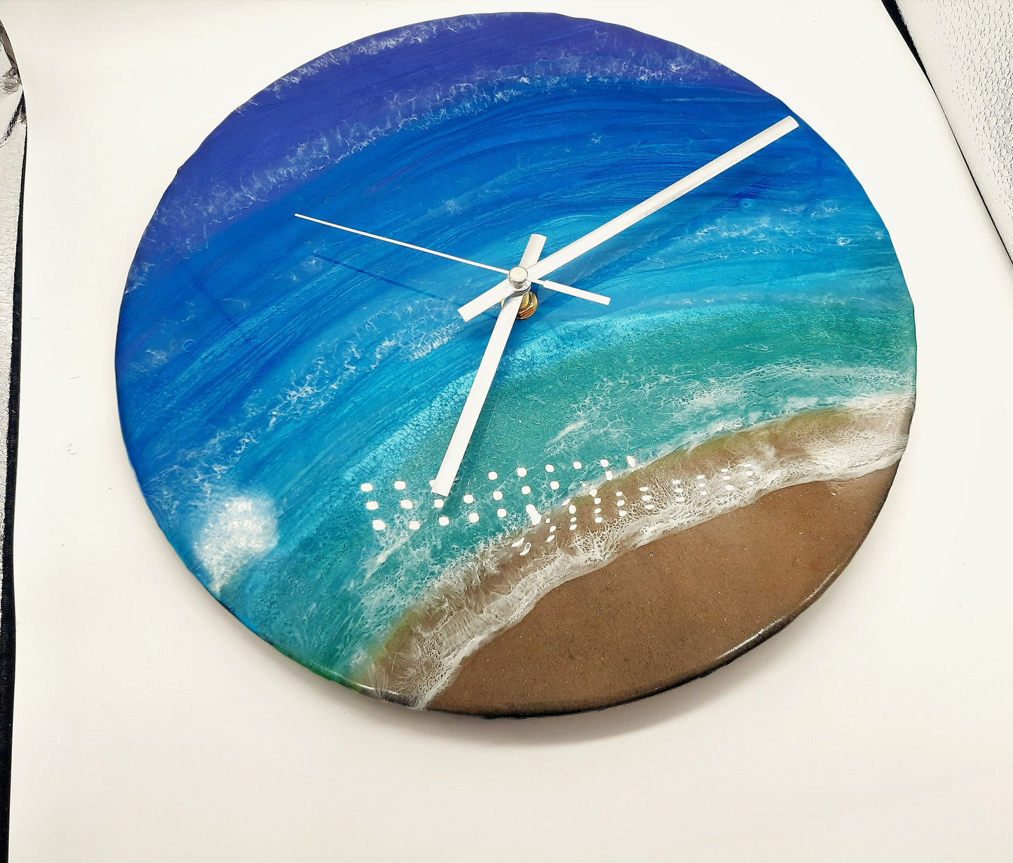 Handpainted Eco-Friendly Epoxy Resin Seascape Coastal Beach Scene, Painted on a 12" Vinyl Record, Made into a Wall Clock, Made w/ Real Sand