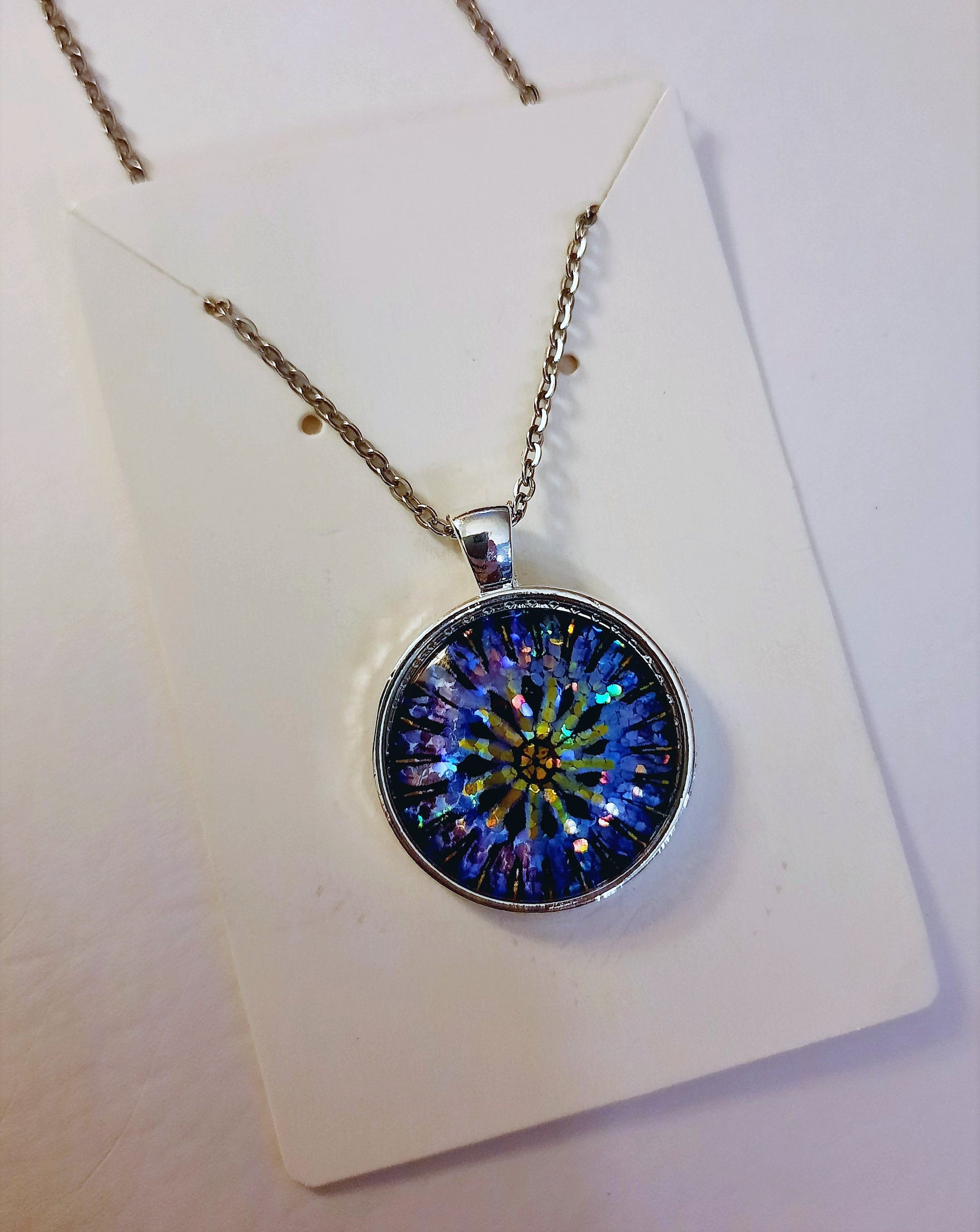 Handcrafted Glitter Mandala Pattern Design - Glass Cabochon Stainless Steel - Tibetan Style or Plain Pendant Necklace - Alloy, Silver Plated