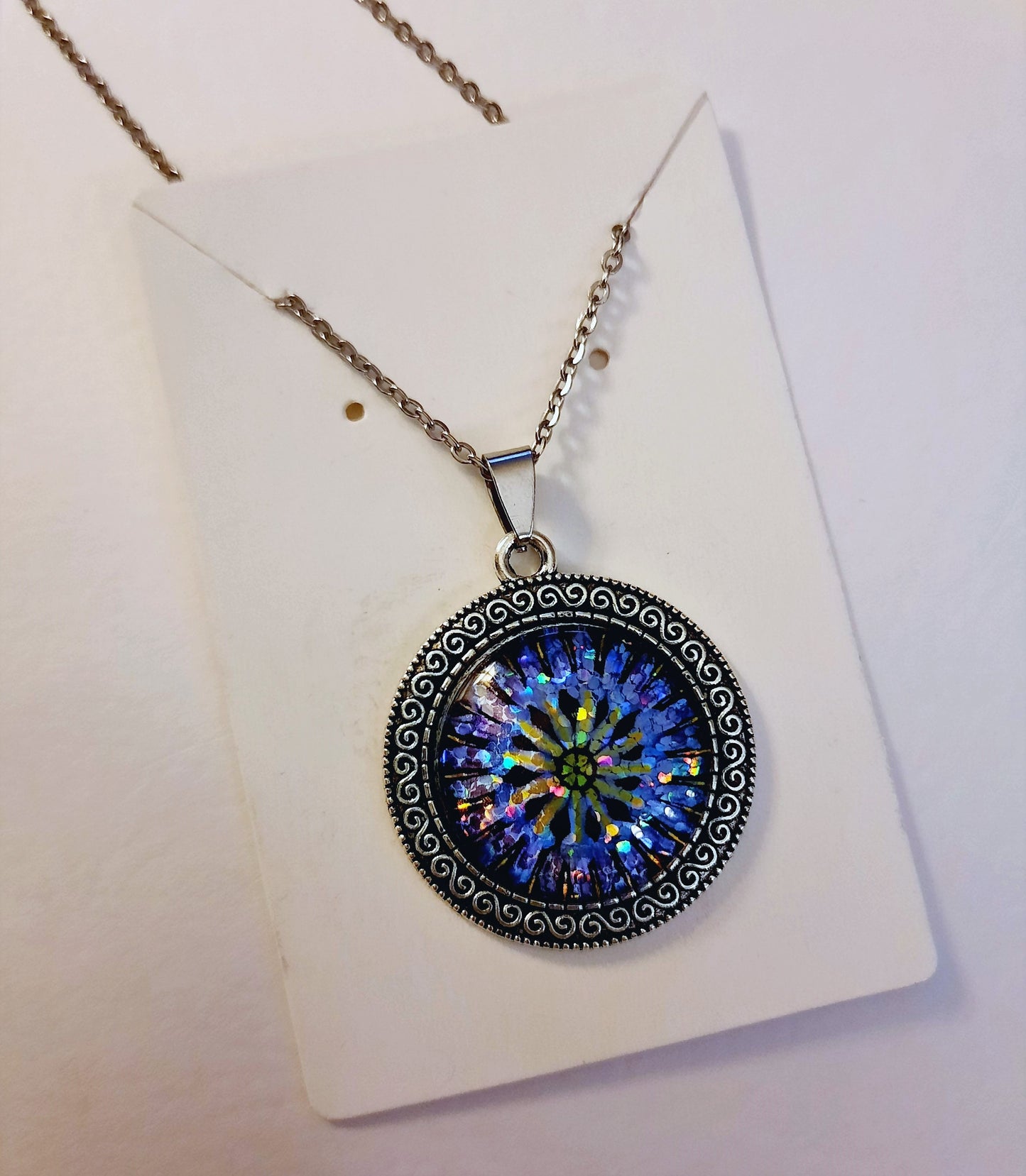 Handcrafted Glitter Mandala Pattern Design - Glass Cabochon Stainless Steel - Tibetan Style or Plain Pendant Necklace - Alloy, Silver Plated