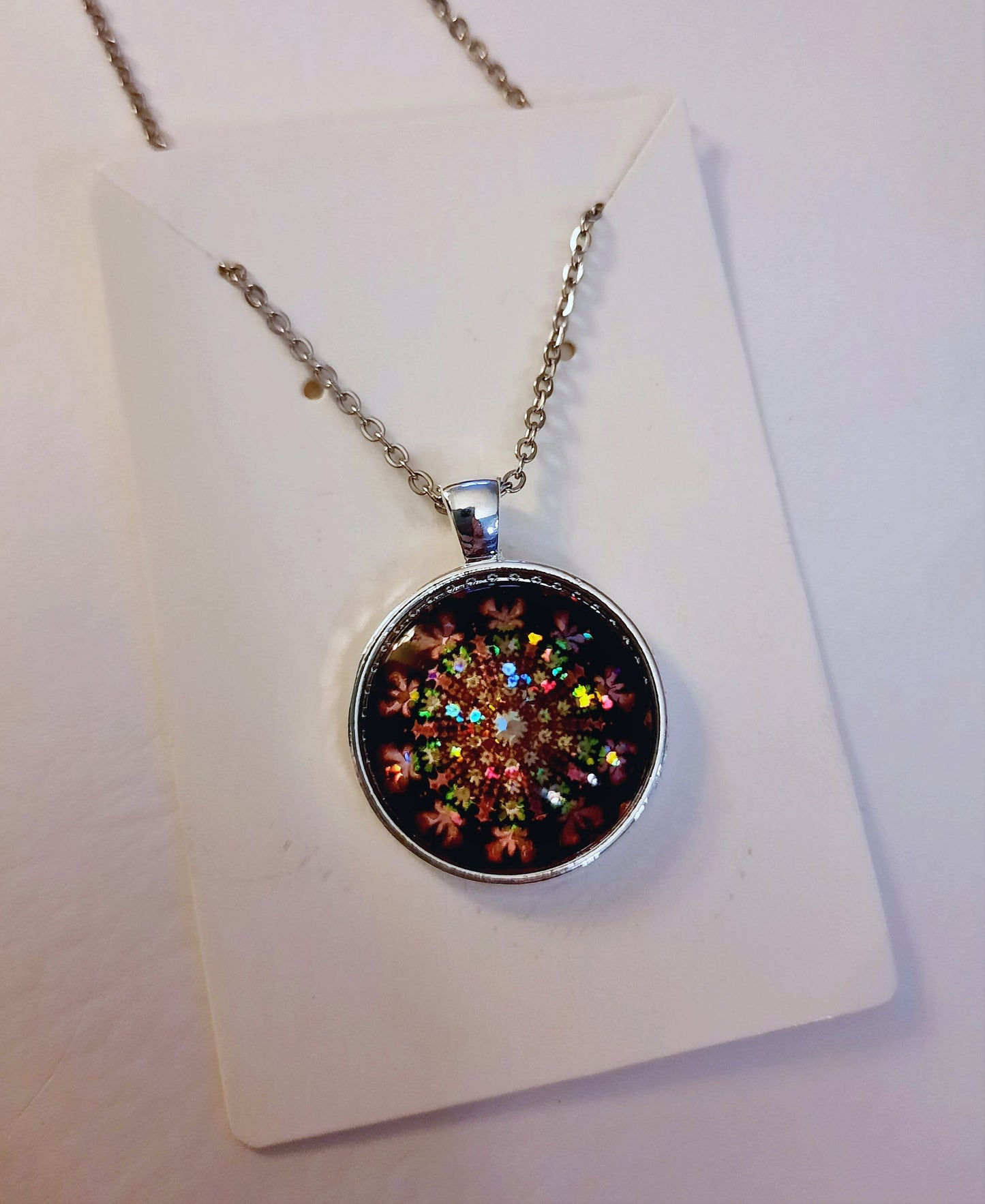 Handcrafted Glitter Mandala Pattern Design - Glass Cabochon Stainless Steel - Tibetan Style or Plain Pendant Necklace - Alloy, Silver Plated