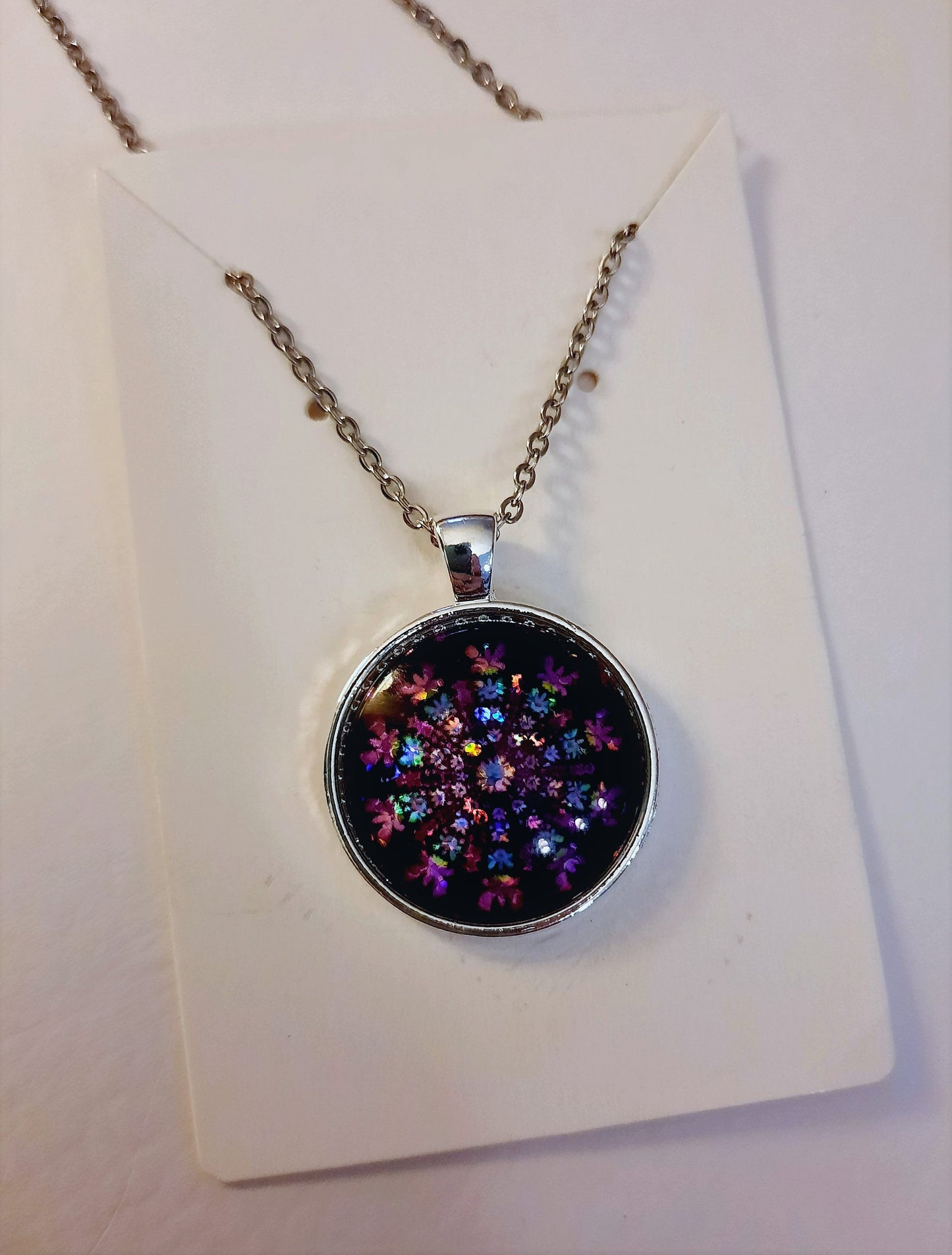 Handcrafted Glitter Mandala Pattern Design - Glass Cabochon Stainless Steel - Tibetan Style or Plain Pendant Necklace - Alloy, Silver Plated