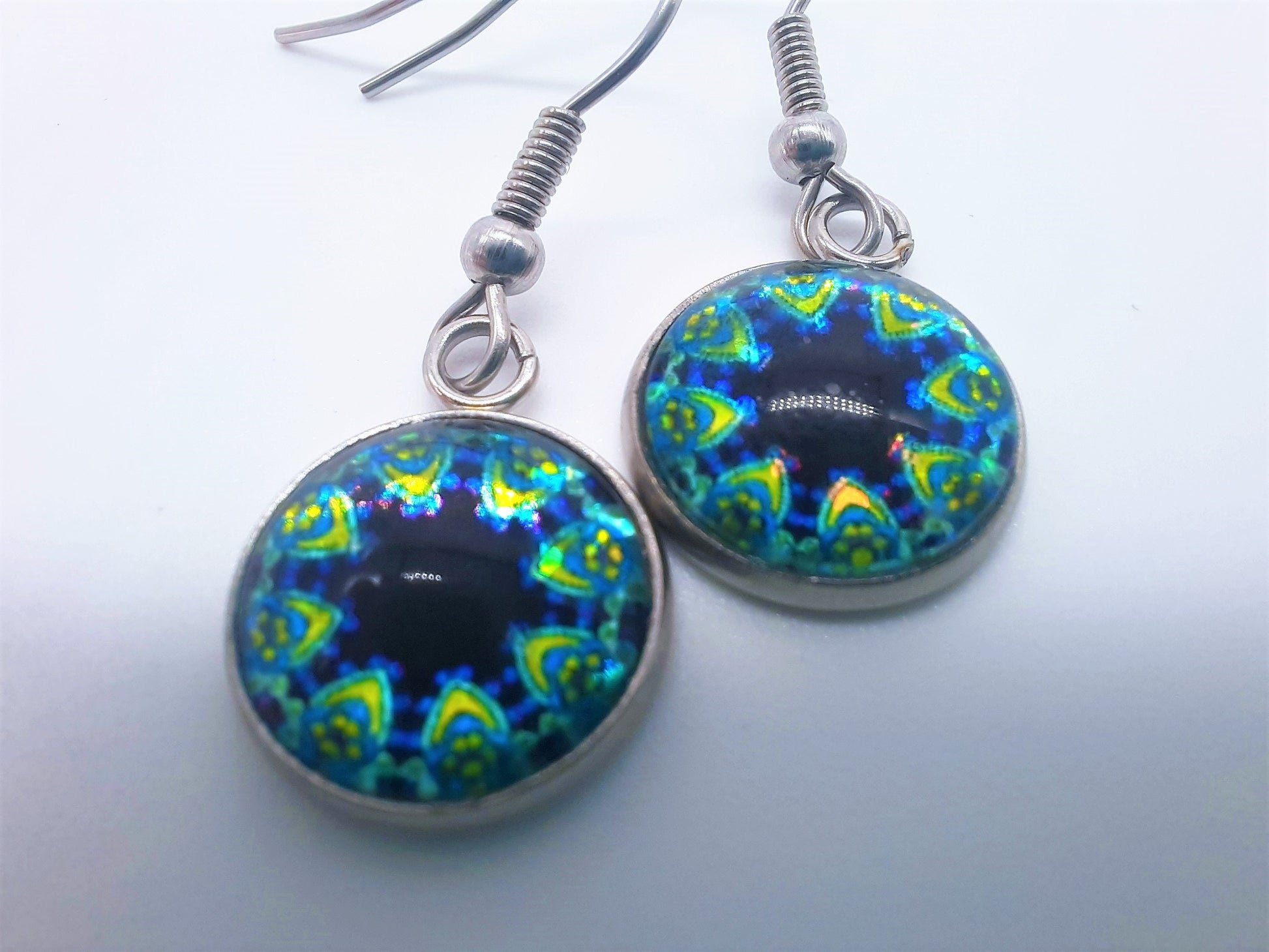 Handcrafted Blue Glitter Mandala Pattern Design Glass Cabochon Silver Stainless Steel Dangle Earrings - Hypoallergenic