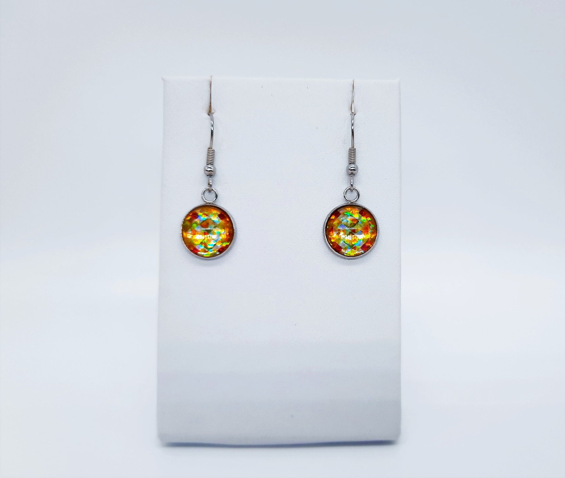 Handcrafted Yellow Glitter Mandala Pattern Design Glass Cabochon Silver Stainless Steel Dangle Earrings - Hypoallergenic