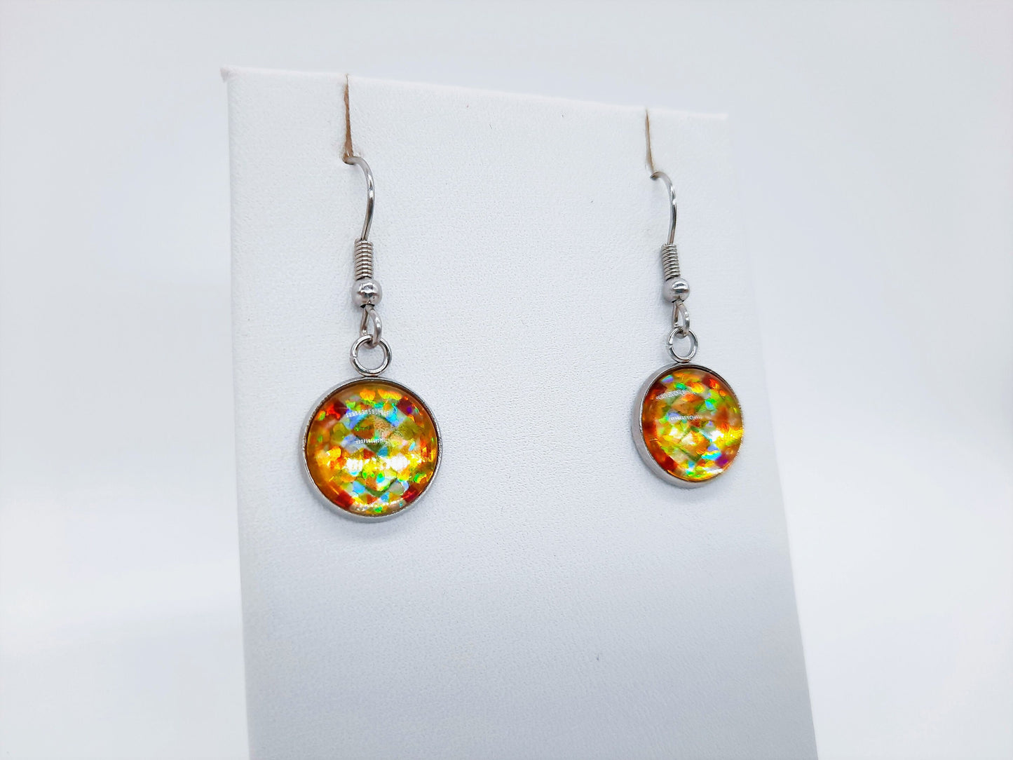 Handcrafted Yellow Glitter Mandala Pattern Design Glass Cabochon Silver Stainless Steel Dangle Earrings - Hypoallergenic