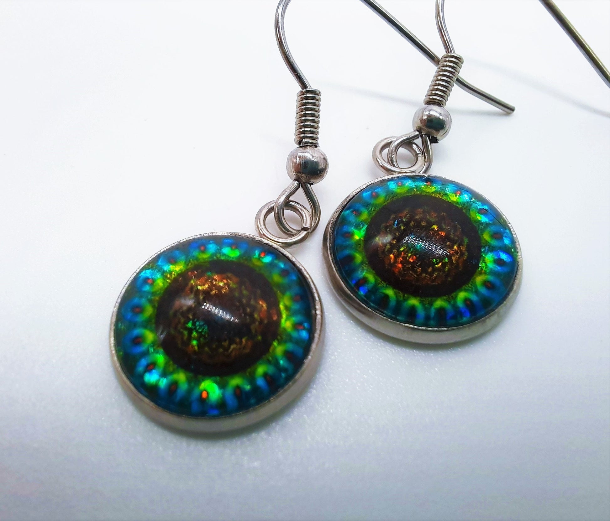 Handcrafted Rainbow Glitter Mandala Pattern Design Glass Cabochon Silver Stainless Steel Dangle Earrings - Hypoallergenic