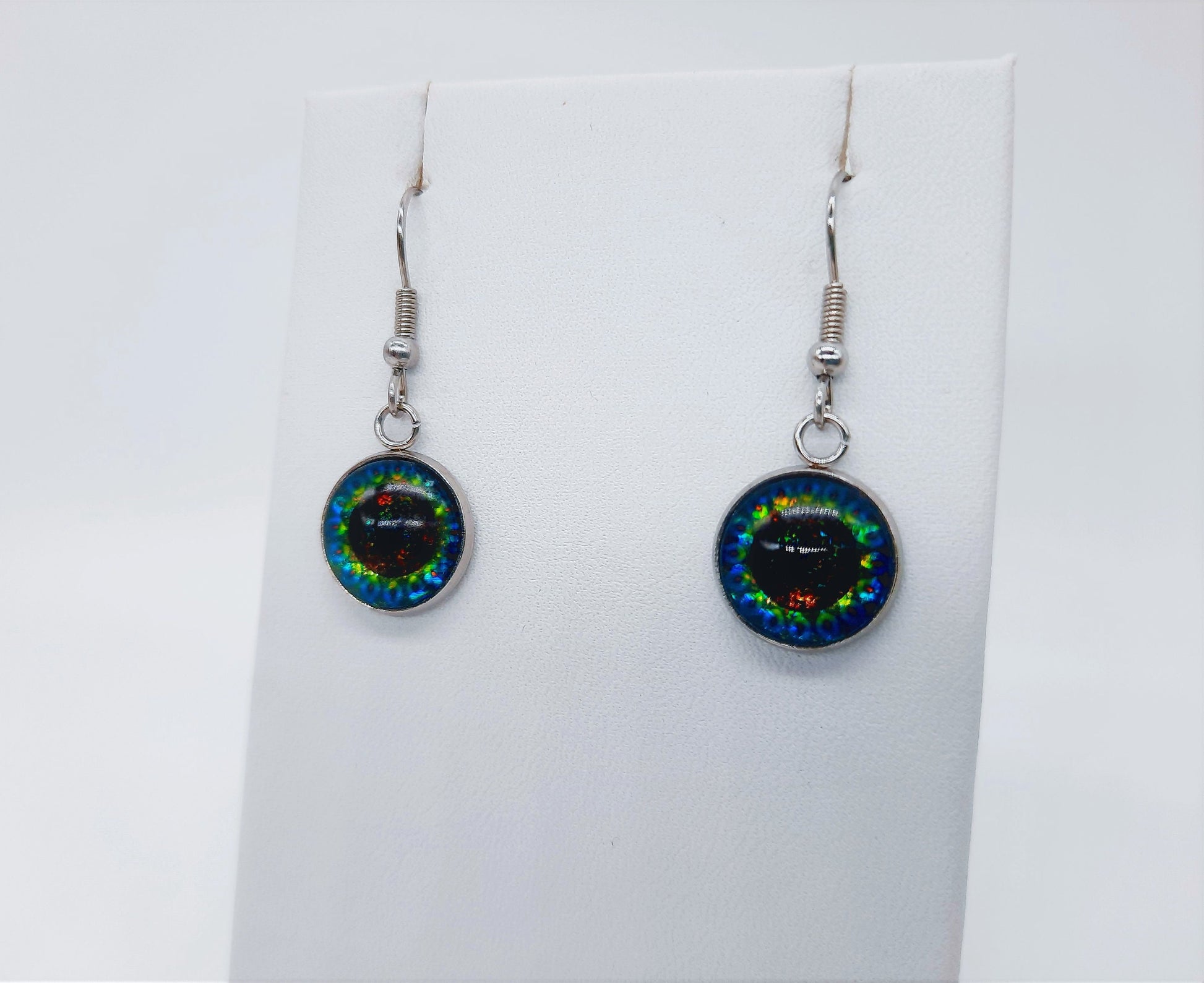 Handcrafted Rainbow Glitter Mandala Pattern Design Glass Cabochon Silver Stainless Steel Dangle Earrings - Hypoallergenic