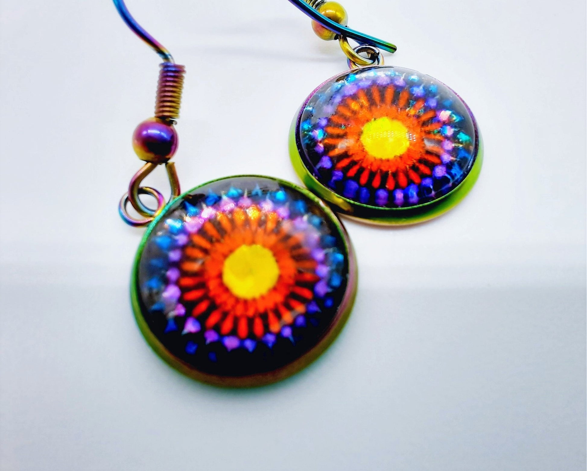 Handcrafted Rainbow Flower Glitter Mandala Pattern Design Glass Cabochon Rainbow Chromium Stainless Steel Dangle Earrings - Hypoallergenic