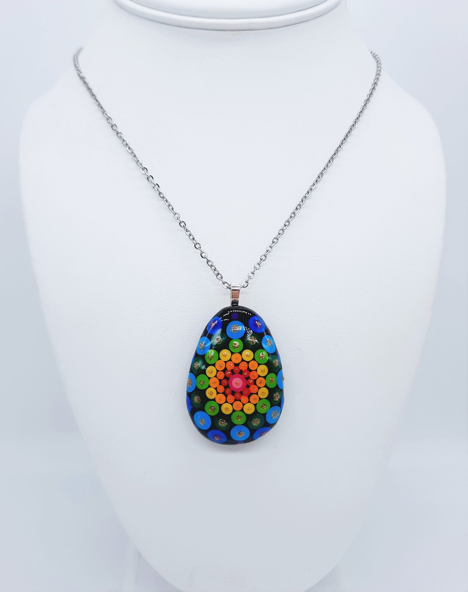 Handpainted Rainbow Dot Mandala Necklace, Stone / Rock Pendant, Sealed w/ Resin, Hypoallergenic Stainless Steel Chain, Lobster Claw Closure