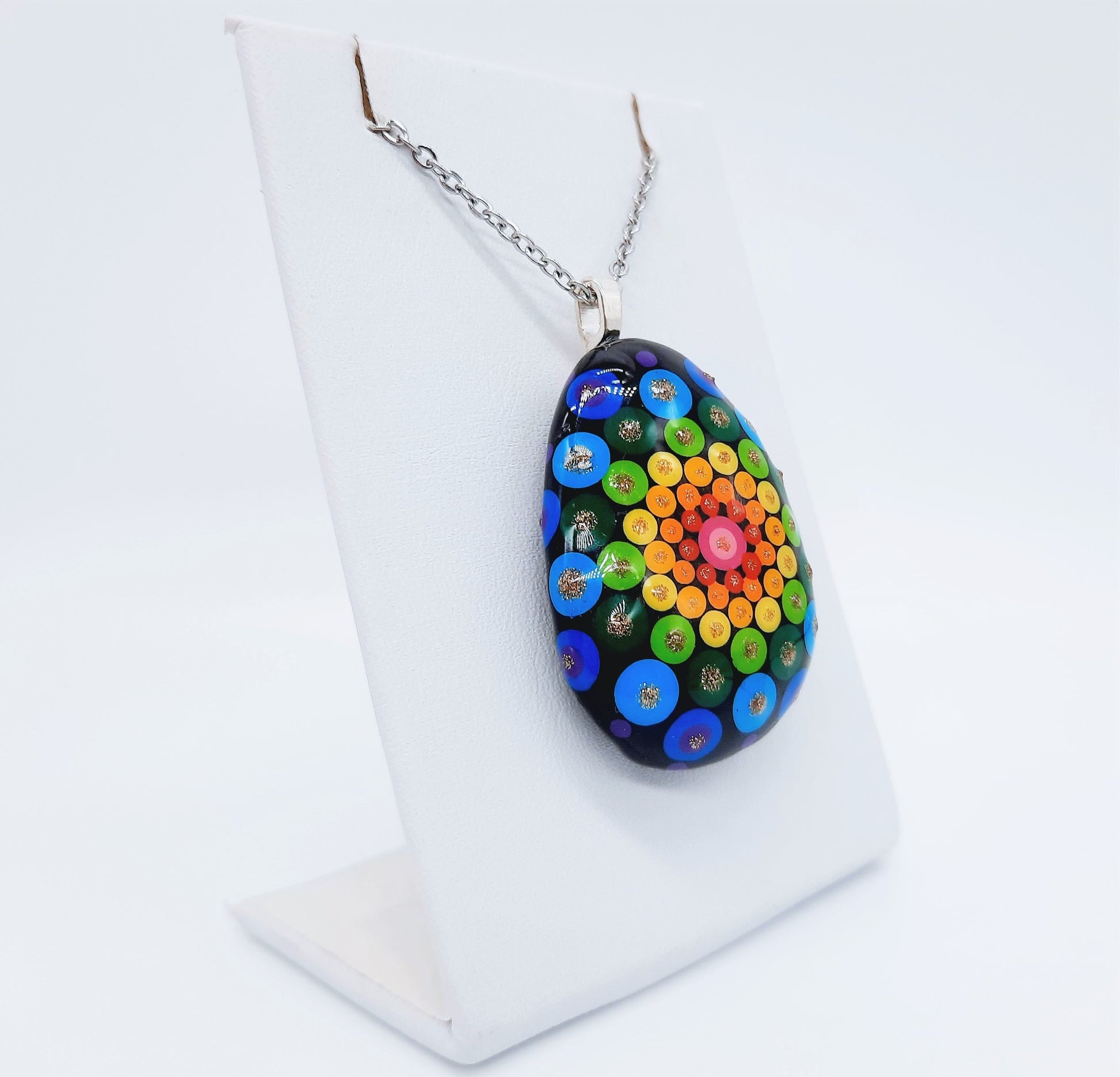 Handpainted Rainbow Dot Mandala Necklace, Stone / Rock Pendant, Sealed w/ Resin, Hypoallergenic Stainless Steel Chain, Lobster Claw Closure