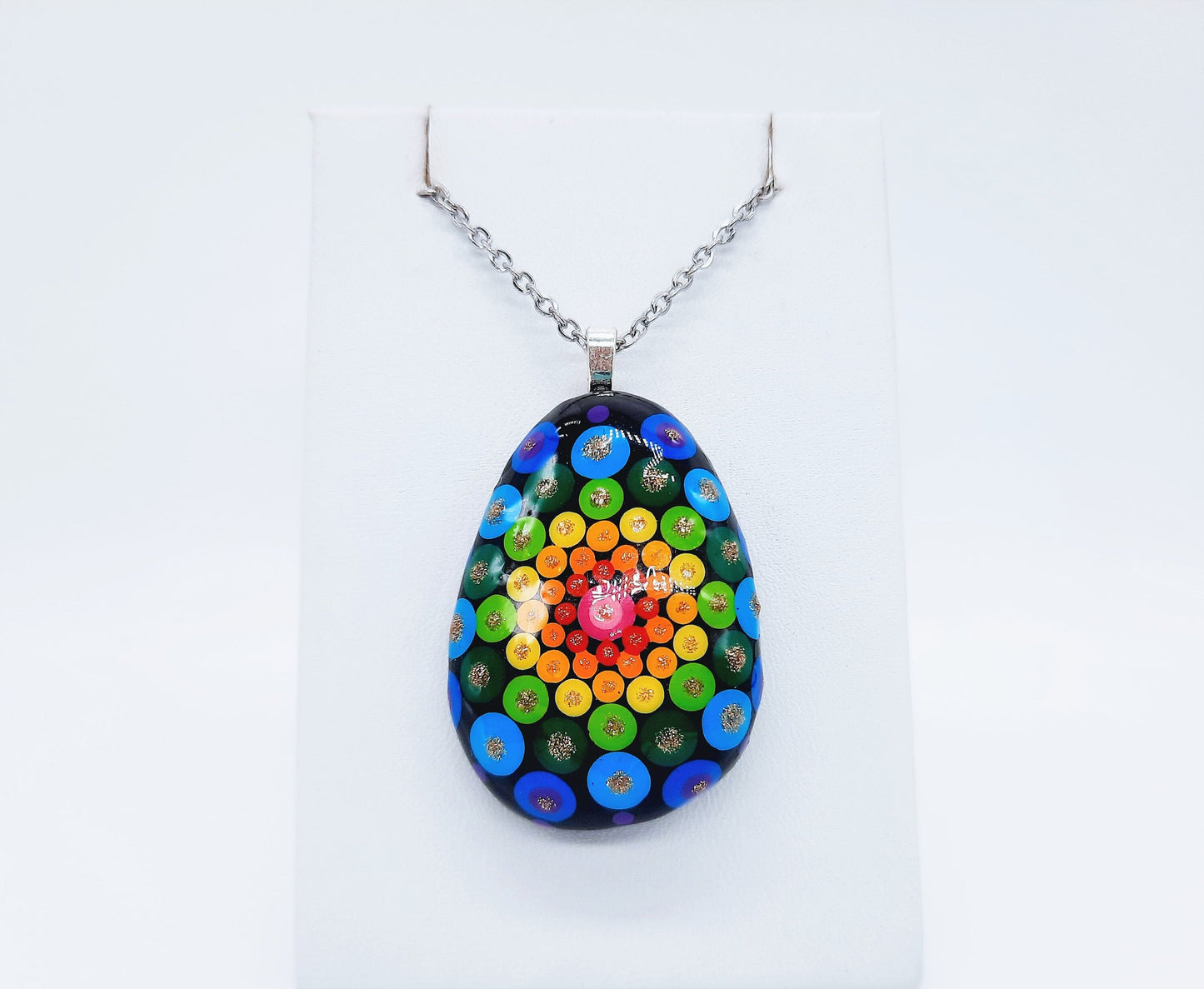 Handpainted Rainbow Dot Mandala Necklace, Stone / Rock Pendant, Sealed w/ Resin, Hypoallergenic Stainless Steel Chain, Lobster Claw Closure