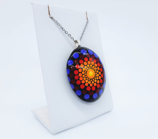 Handpainted Rainbow Dot Mandala Necklace, Stone / Rock Pendant, Sealed w/ Resin, Hypoallergenic Stainless Steel Chain, Lobster Claw Closure