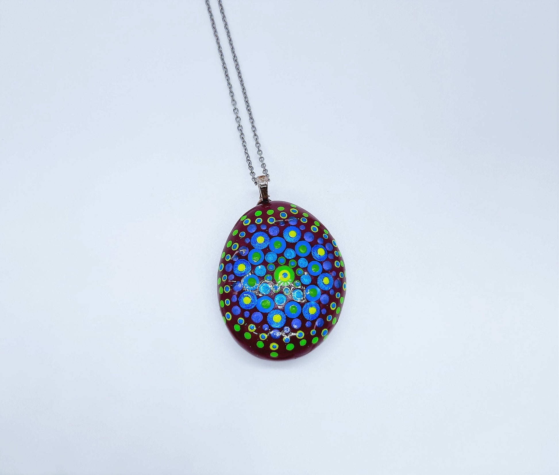 Handpainted Blue / Green Mandala Necklace, Stone / Rock Pendant, Sealed w/ Resin, Hypoallergenic Stainless Steel Chain, Lobster Claw Closure