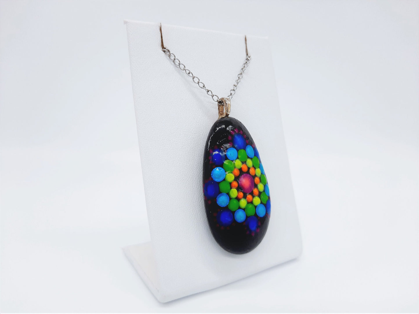 Handpainted Rainbow Dot Mandala Necklace, Stone / Rock Pendant, Sealed w/ Resin, Hypoallergenic Stainless Steel Chain, Lobster Claw Closure