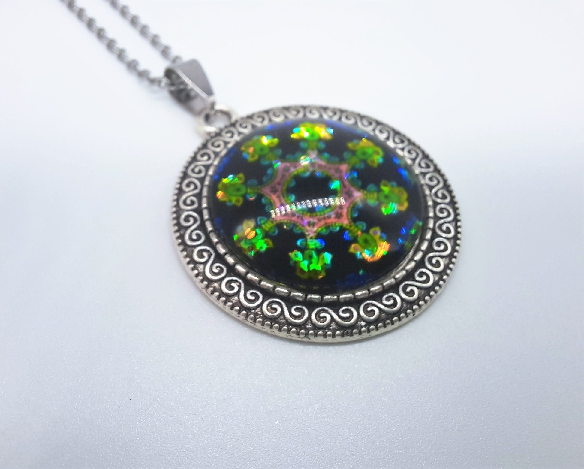 Handcrafted Glitter Mandala Pattern Design - Glass Cabochon Stainless Steel - Tibetan Style or Plain Pendant Necklace - Alloy, Silver Plated