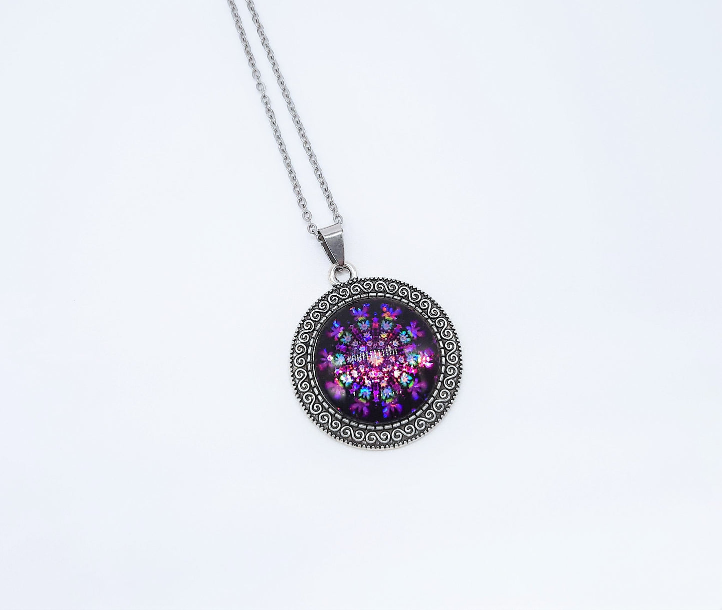 Handcrafted Glitter Mandala Pattern Design - Glass Cabochon Stainless Steel - Tibetan Style or Plain Pendant Necklace - Alloy, Silver Plated