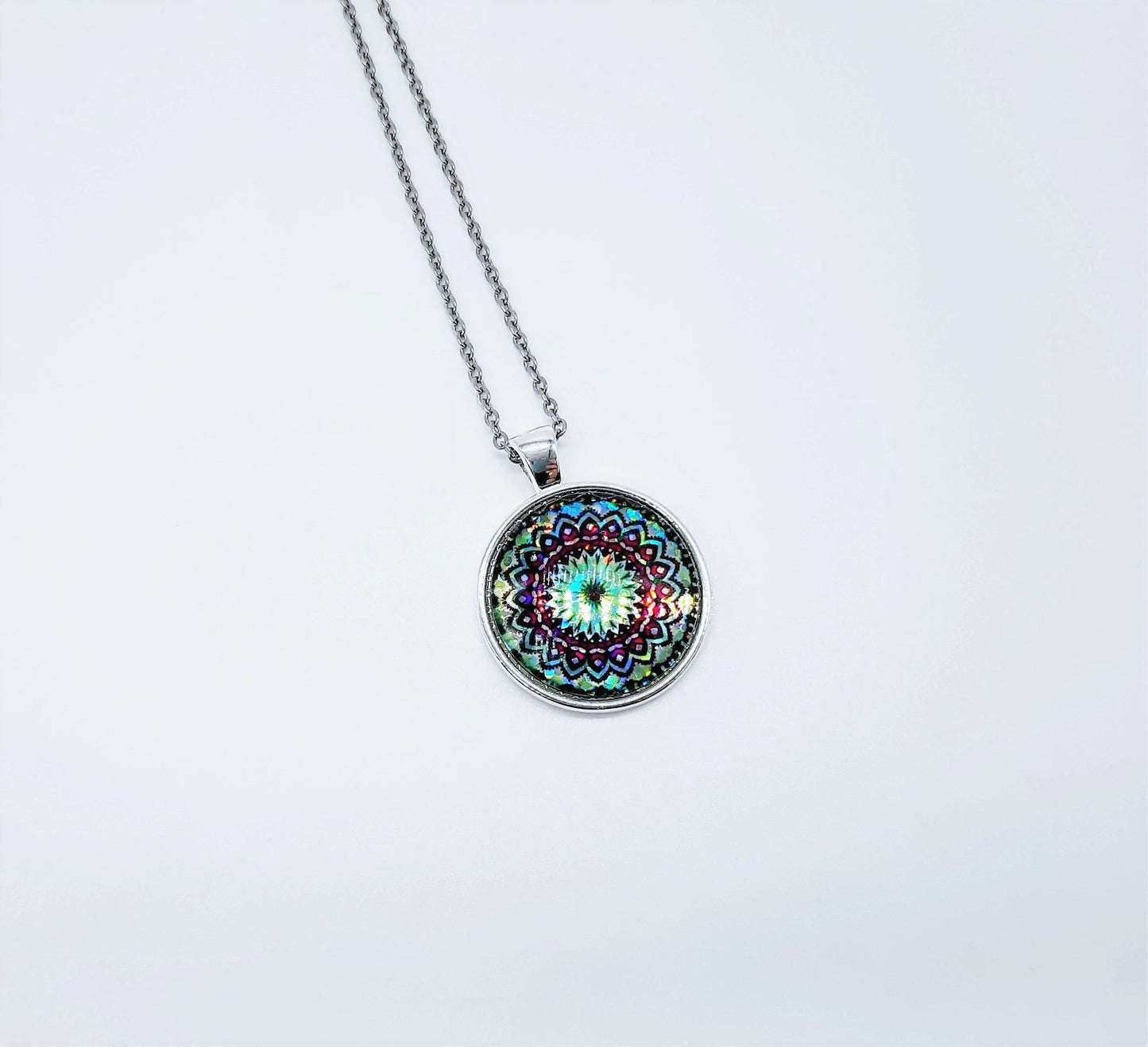 Handcrafted Glitter Mandala Pattern Design - Glass Cabochon Stainless Steel - Tibetan Style or Plain Pendant Necklace - Alloy, Silver Plated