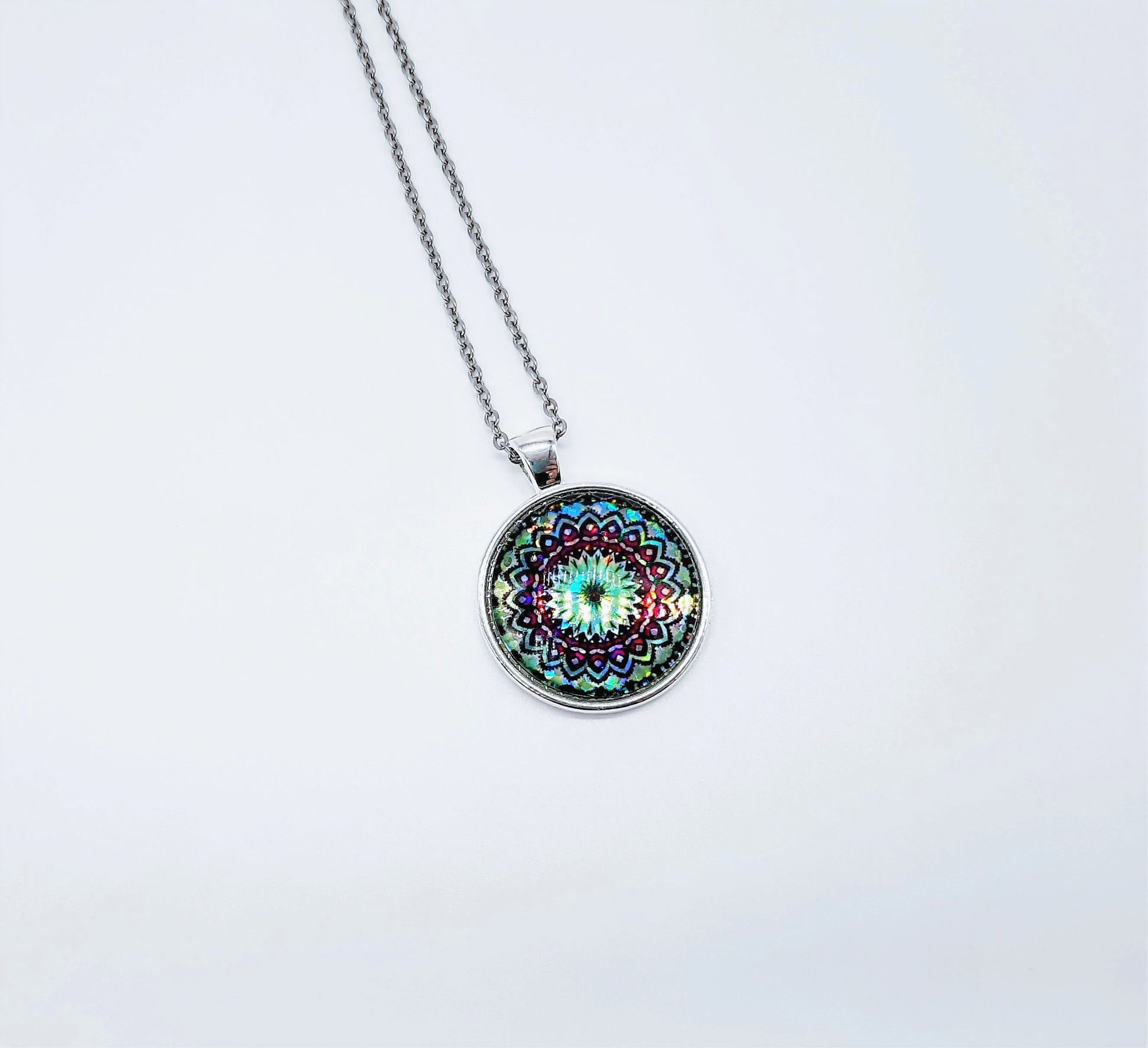 Handcrafted Glitter Mandala Pattern Design - Glass Cabochon Stainless Steel - Tibetan Style or Plain Pendant Necklace - Alloy, Silver Plated