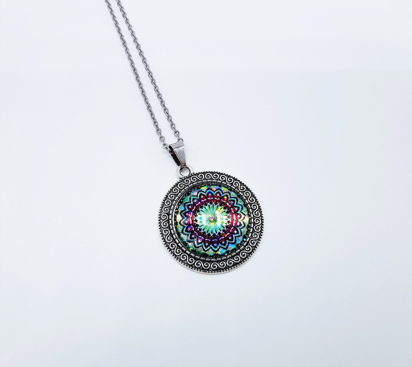 Handcrafted Glitter Mandala Pattern Design - Glass Cabochon Stainless Steel - Tibetan Style or Plain Pendant Necklace - Alloy, Silver Plated