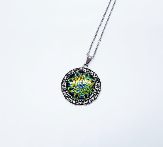 Handcrafted Glitter Mandala Pattern Design - Glass Cabochon Stainless Steel - Tibetan Style or Plain Pendant Necklace - Alloy, Silver Plated