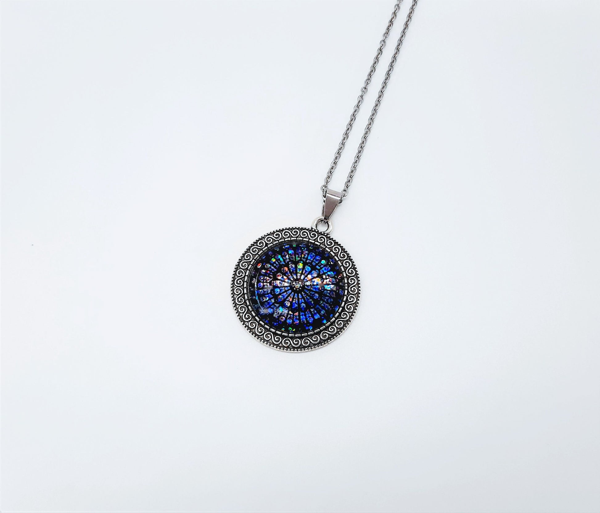 Handcrafted Glitter Mandala Pattern Design - Glass Cabochon Stainless Steel - Tibetan Style or Plain Pendant Necklace - Alloy, Silver Plated