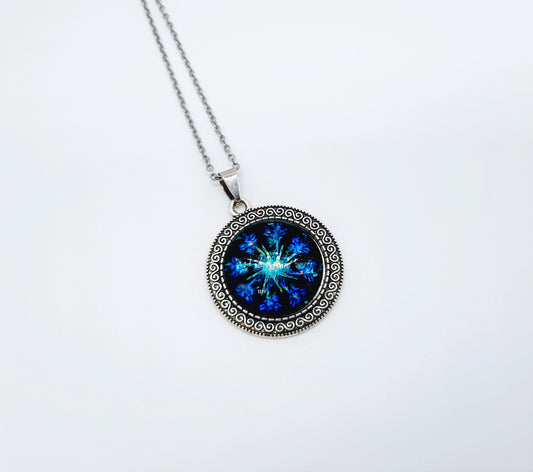 Handcrafted Glitter Mandala Pattern Design - Glass Cabochon Stainless Steel - Tibetan Style or Plain Pendant Necklace - Alloy, Silver Plated