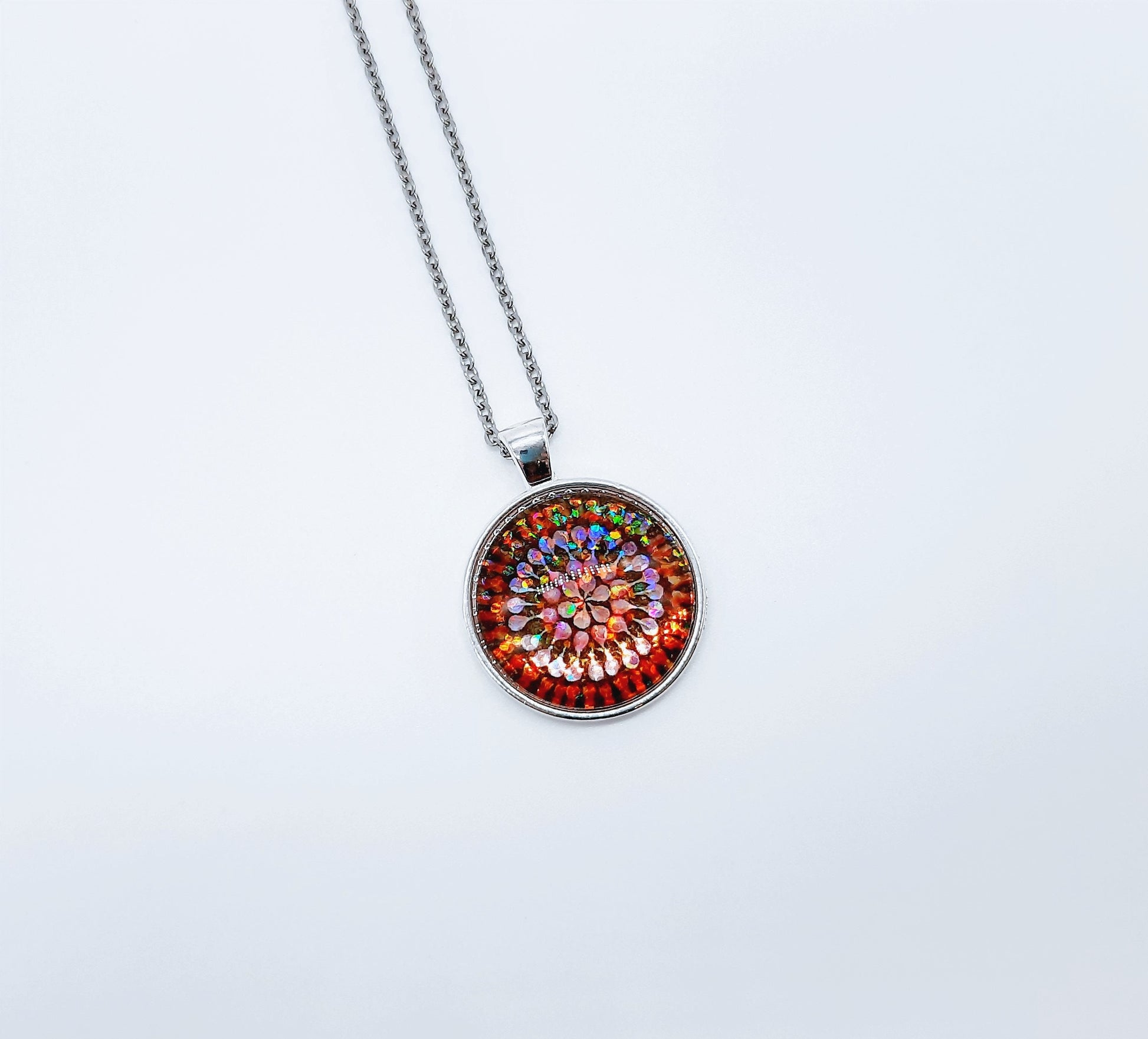 Handcrafted Glitter Mandala Pattern Design - Glass Cabochon Stainless Steel - Tibetan Style or Plain Pendant Necklace - Alloy, Silver Plated