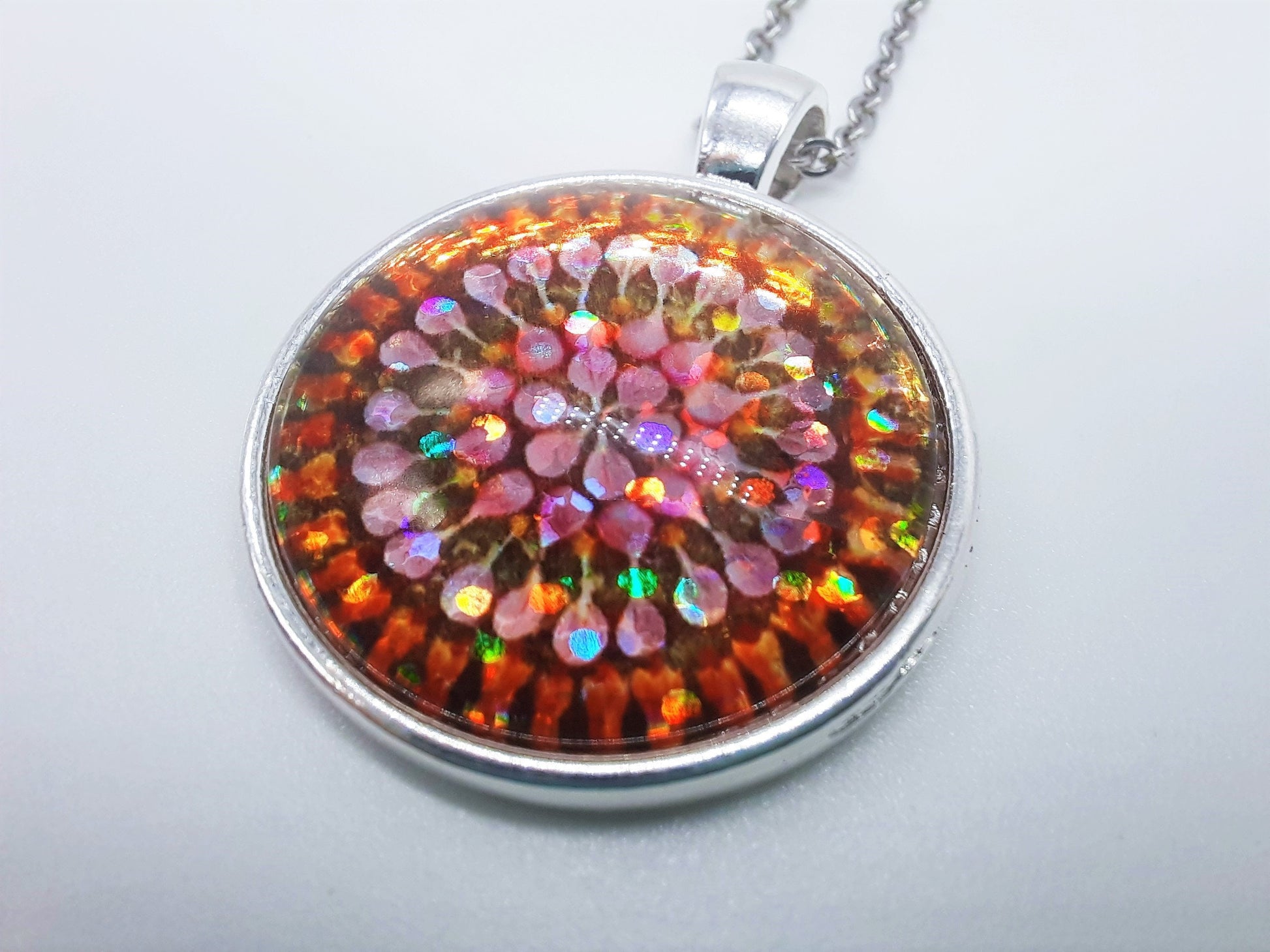 Handcrafted Glitter Mandala Pattern Design - Glass Cabochon Stainless Steel - Tibetan Style or Plain Pendant Necklace - Alloy, Silver Plated