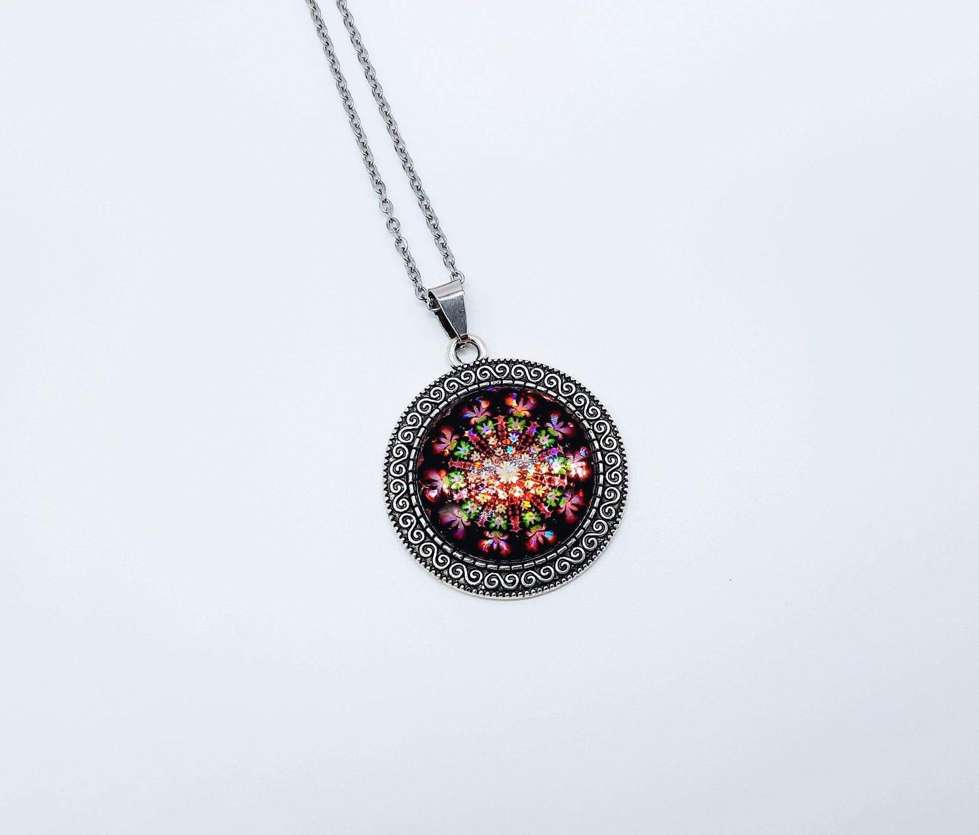 Handcrafted Glitter Mandala Pattern Design - Glass Cabochon Stainless Steel - Tibetan Style or Plain Pendant Necklace - Alloy, Silver Plated