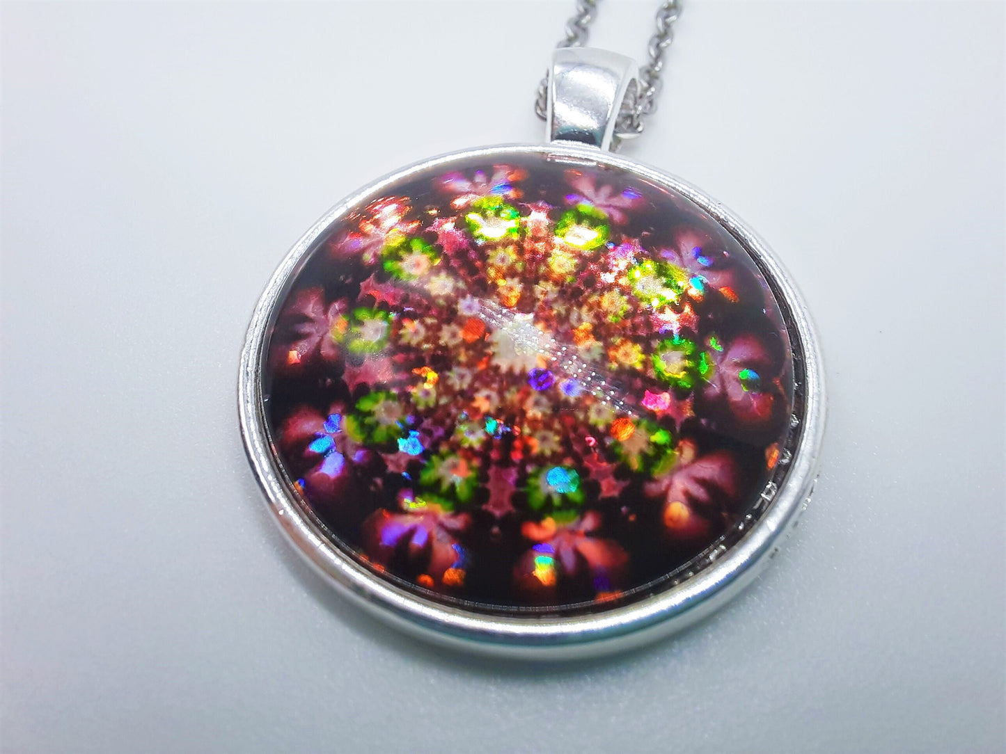 Handcrafted Glitter Mandala Pattern Design - Glass Cabochon Stainless Steel - Tibetan Style or Plain Pendant Necklace - Alloy, Silver Plated