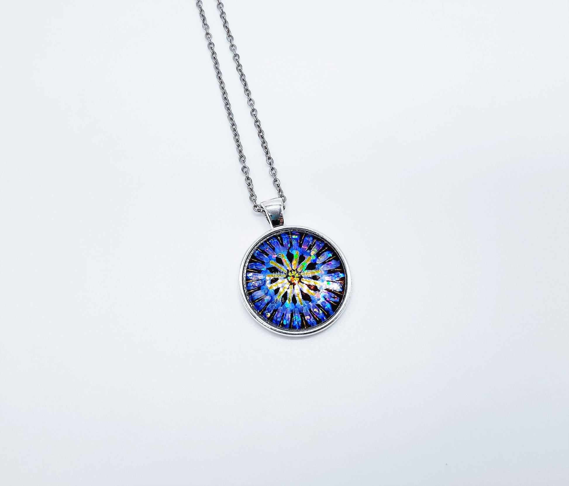 Handcrafted Glitter Mandala Pattern Design - Glass Cabochon Stainless Steel - Tibetan Style or Plain Pendant Necklace - Alloy, Silver Plated