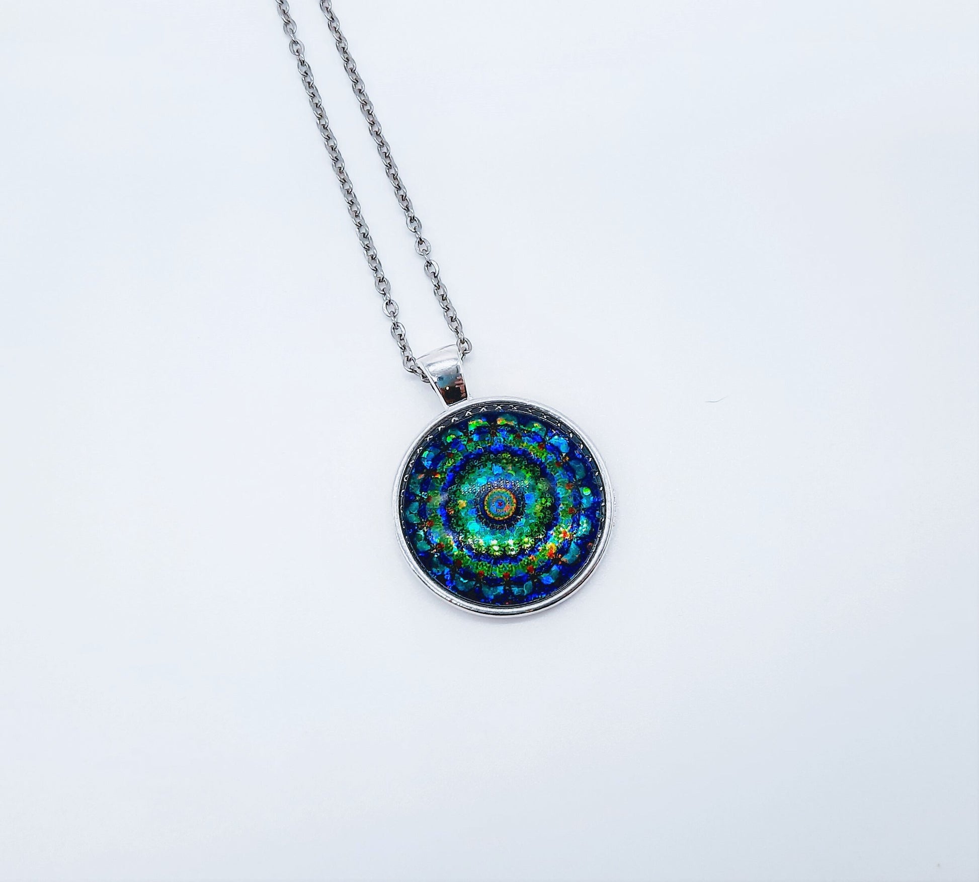 Handcrafted Glitter Mandala Pattern Design - Glass Cabochon Stainless Steel - Tibetan Style or Plain Pendant Necklace - Alloy, Silver Plated