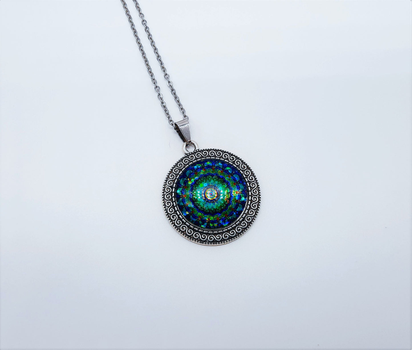 Handcrafted Glitter Mandala Pattern Design - Glass Cabochon Stainless Steel - Tibetan Style or Plain Pendant Necklace - Alloy, Silver Plated