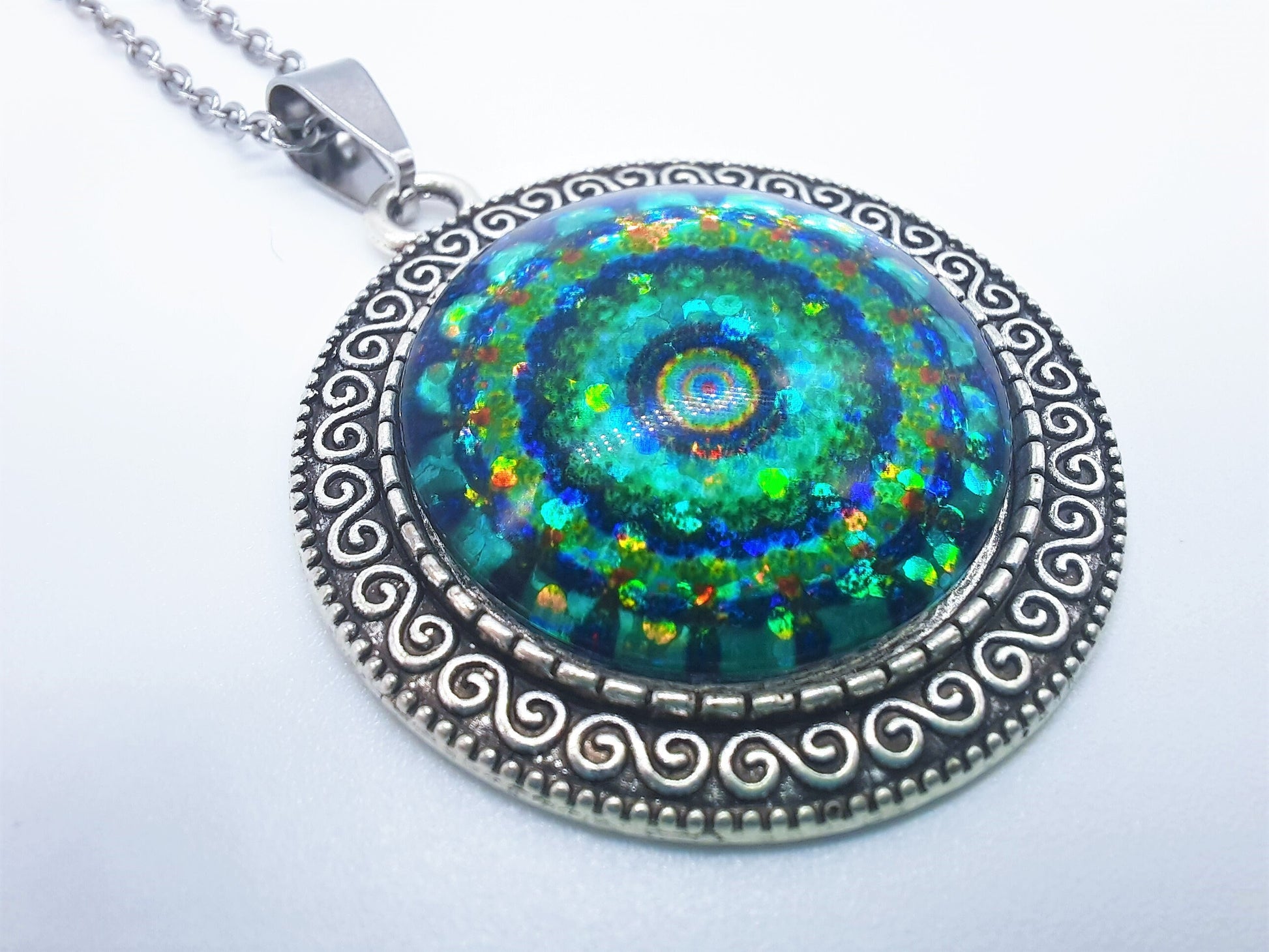 Handcrafted Glitter Mandala Pattern Design - Glass Cabochon Stainless Steel - Tibetan Style or Plain Pendant Necklace - Alloy, Silver Plated