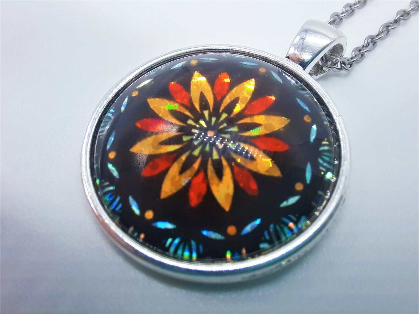 Handcrafted Glitter Mandala Pattern Design - Glass Cabochon Stainless Steel - Tibetan Style or Plain Pendant Necklace - Alloy, Silver Plated