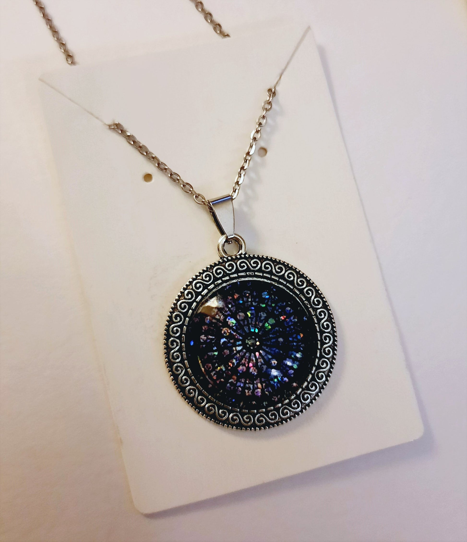 Handcrafted Glitter Mandala Pattern Design - Glass Cabochon Stainless Steel - Tibetan Style or Plain Pendant Necklace - Alloy, Silver Plated