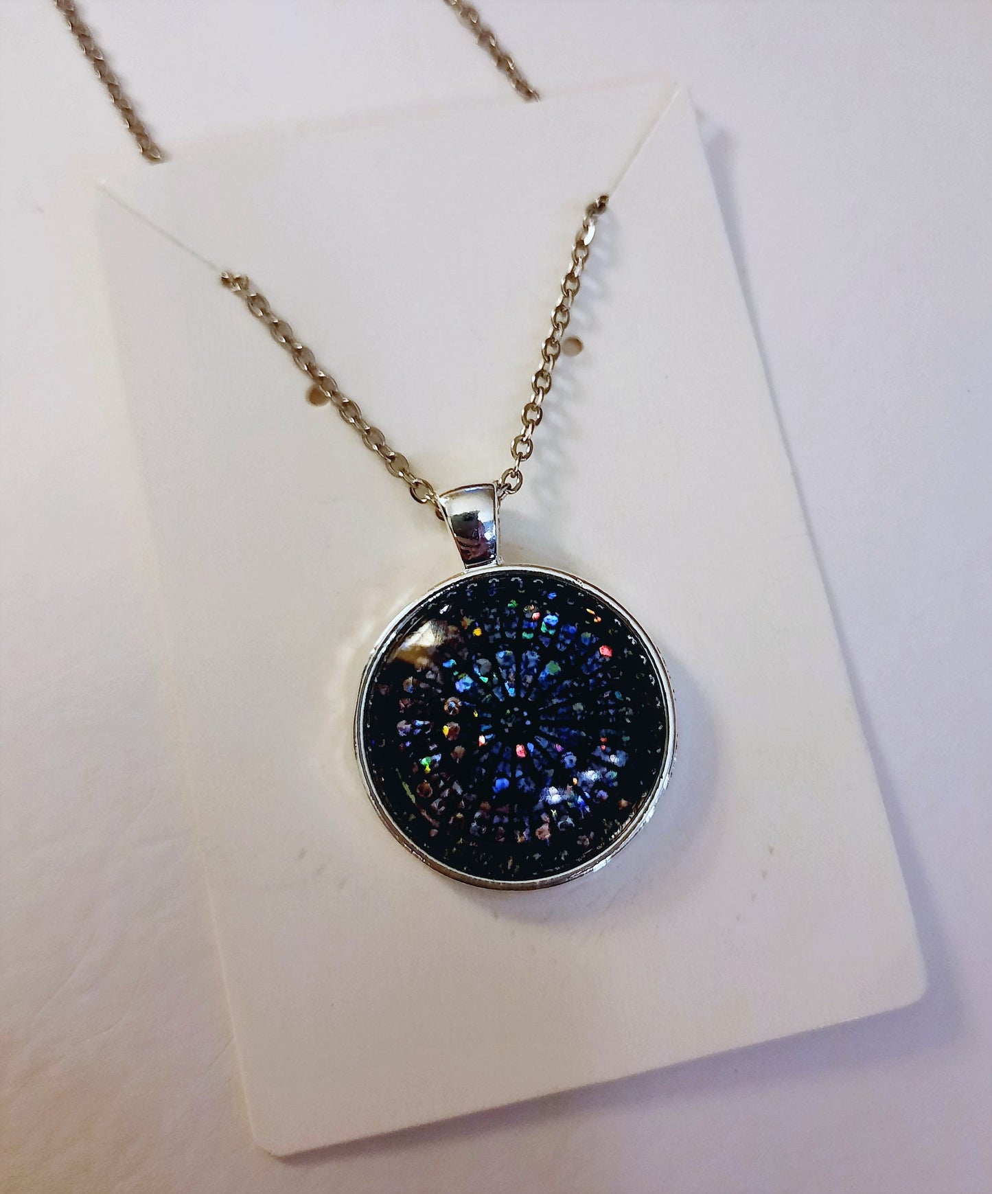 Handcrafted Glitter Mandala Pattern Design - Glass Cabochon Stainless Steel - Tibetan Style or Plain Pendant Necklace - Alloy, Silver Plated