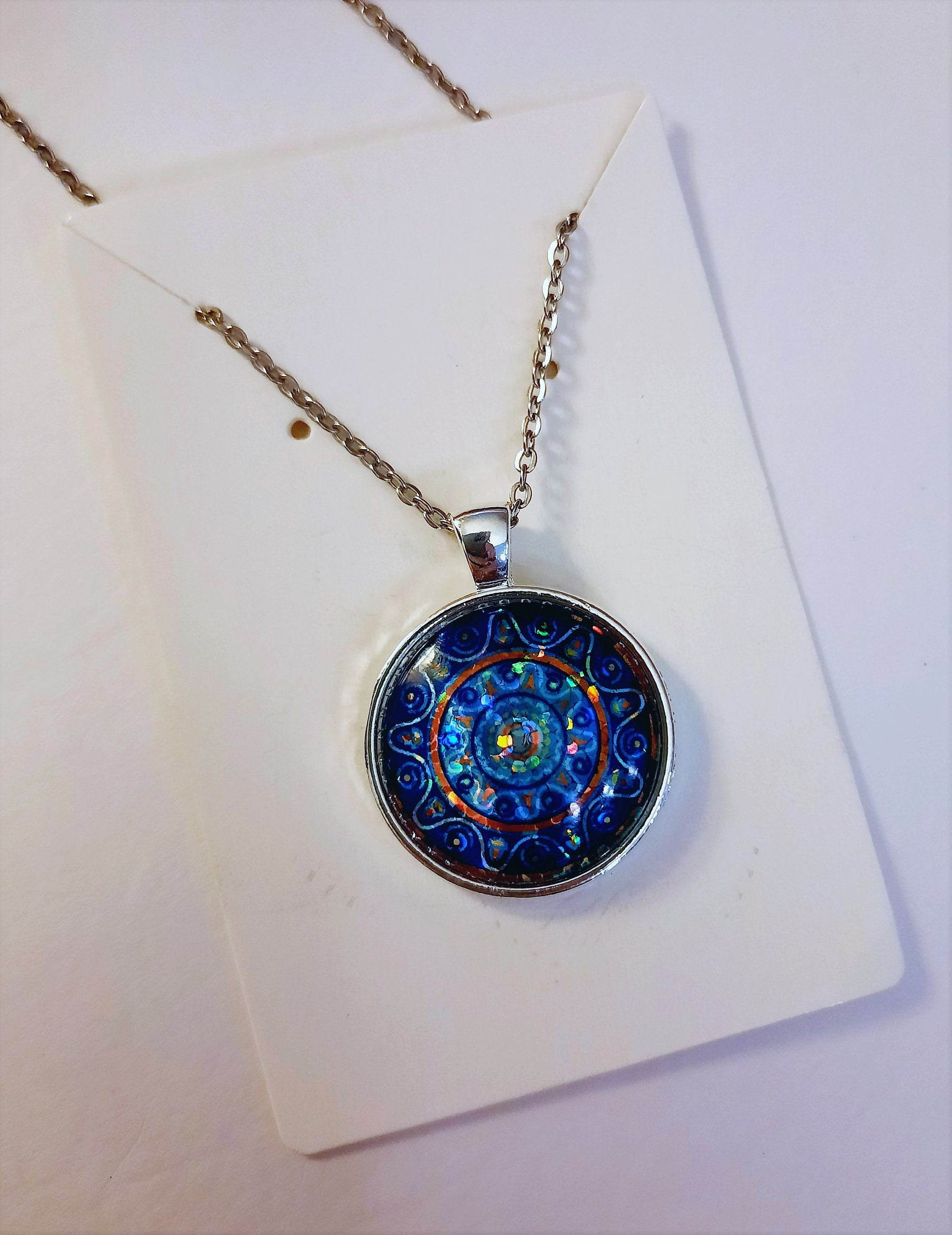 Handcrafted Glitter Mandala Pattern Design - Glass Cabochon Stainless Steel - Tibetan Style or Plain Pendant Necklace - Alloy, Silver Plated