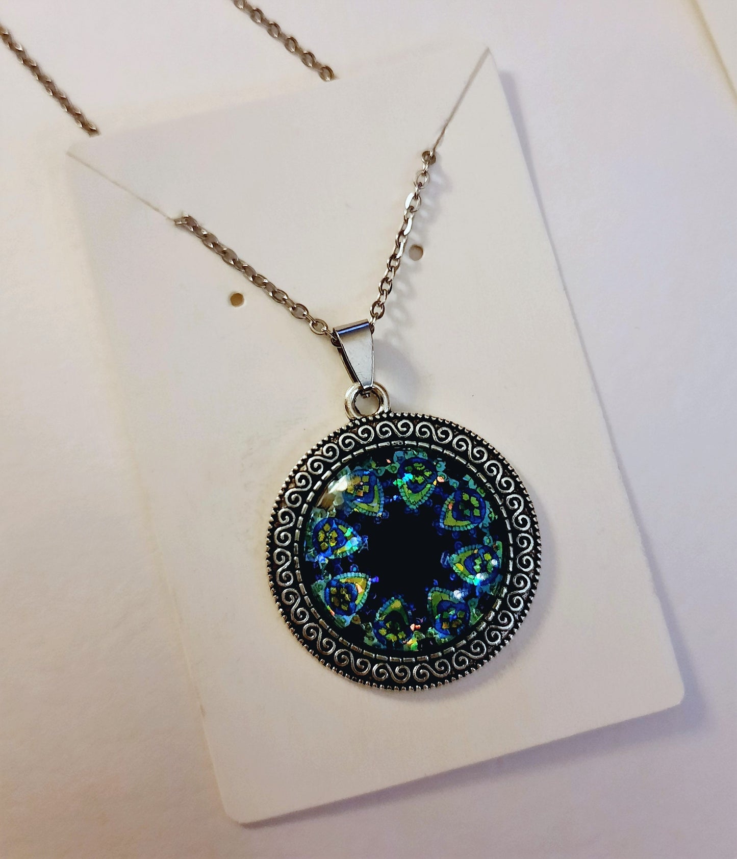 Handcrafted Glitter Mandala Pattern Design - Glass Cabochon Stainless Steel - Tibetan Style or Plain Pendant Necklace - Alloy, Silver Plated