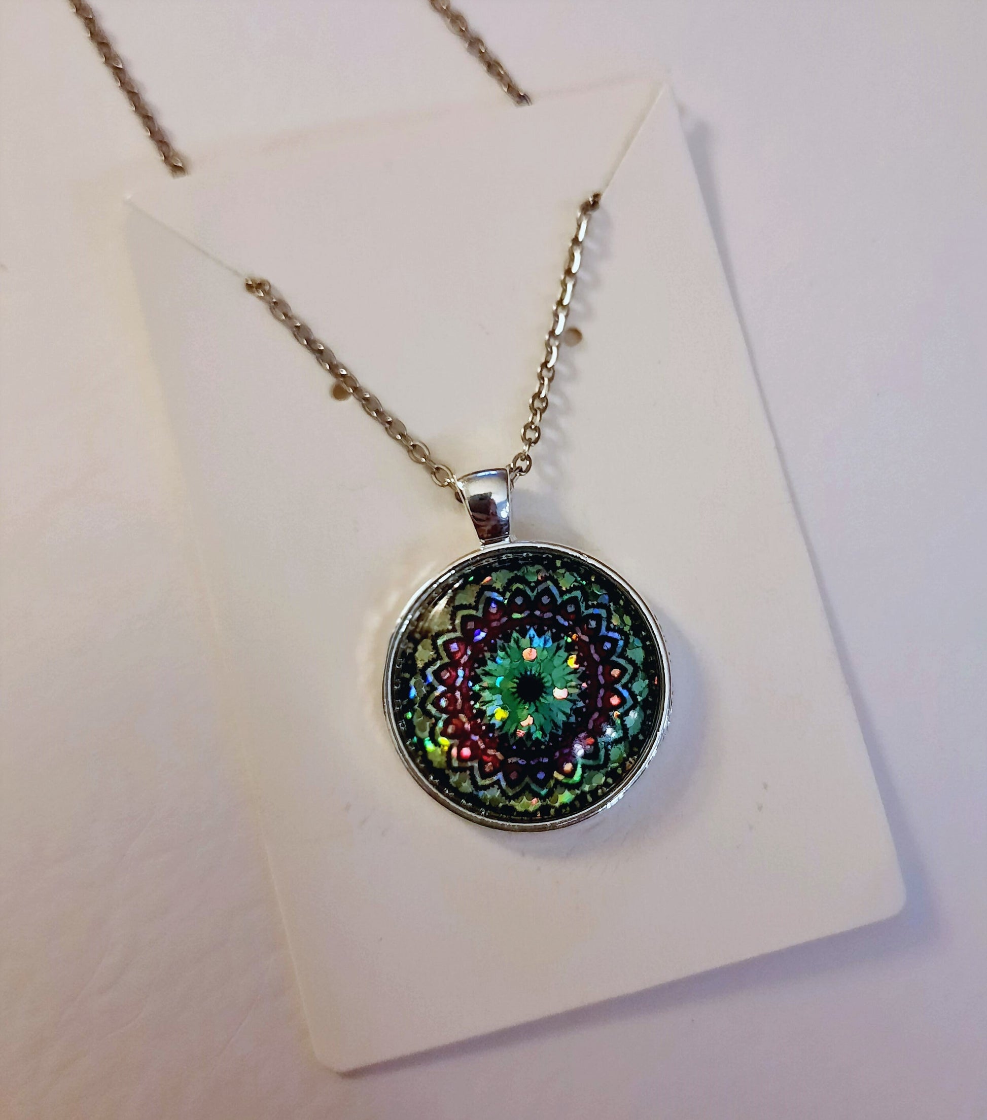 Handcrafted Glitter Mandala Pattern Design - Glass Cabochon Stainless Steel - Tibetan Style or Plain Pendant Necklace - Alloy, Silver Plated